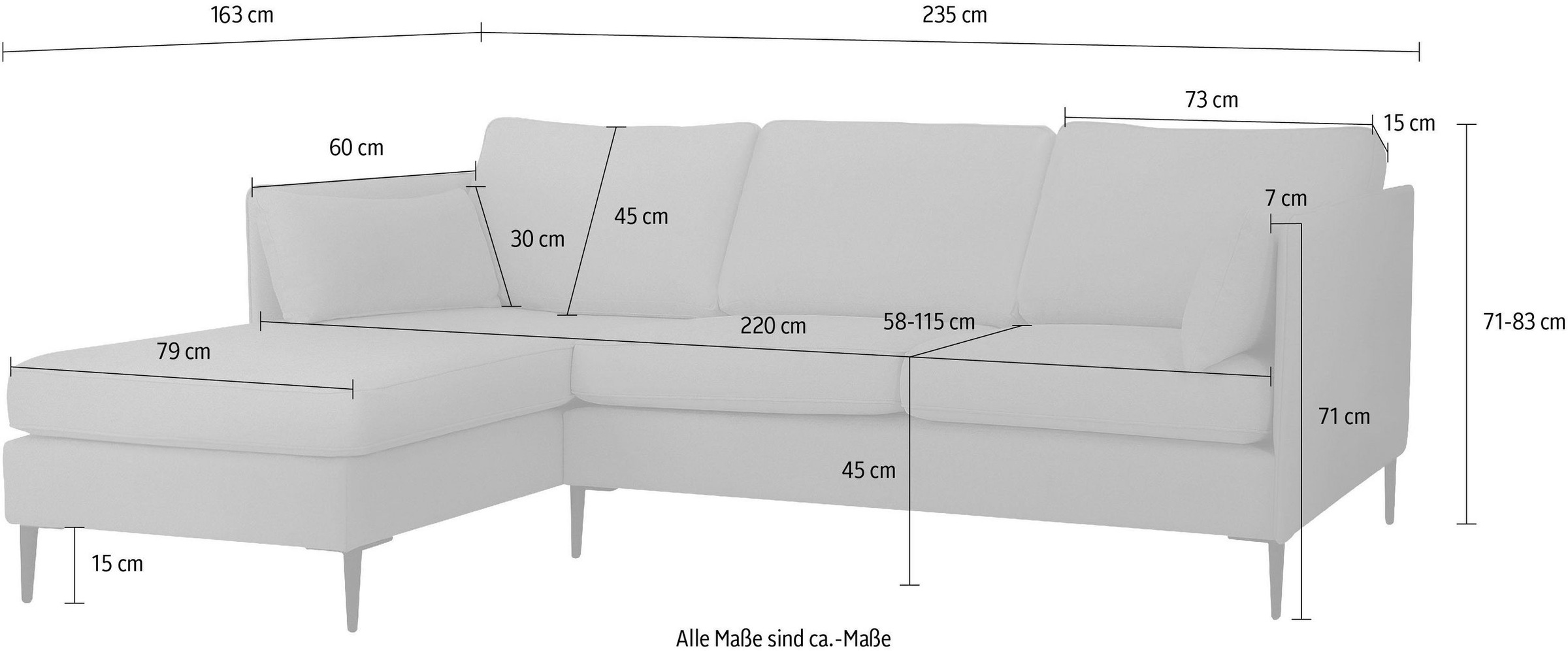 Leonique Ecksofa »Light L-Form«, inklusive loser Zierkissen, mit schmalen Armlehnen und Teleskopfüssen