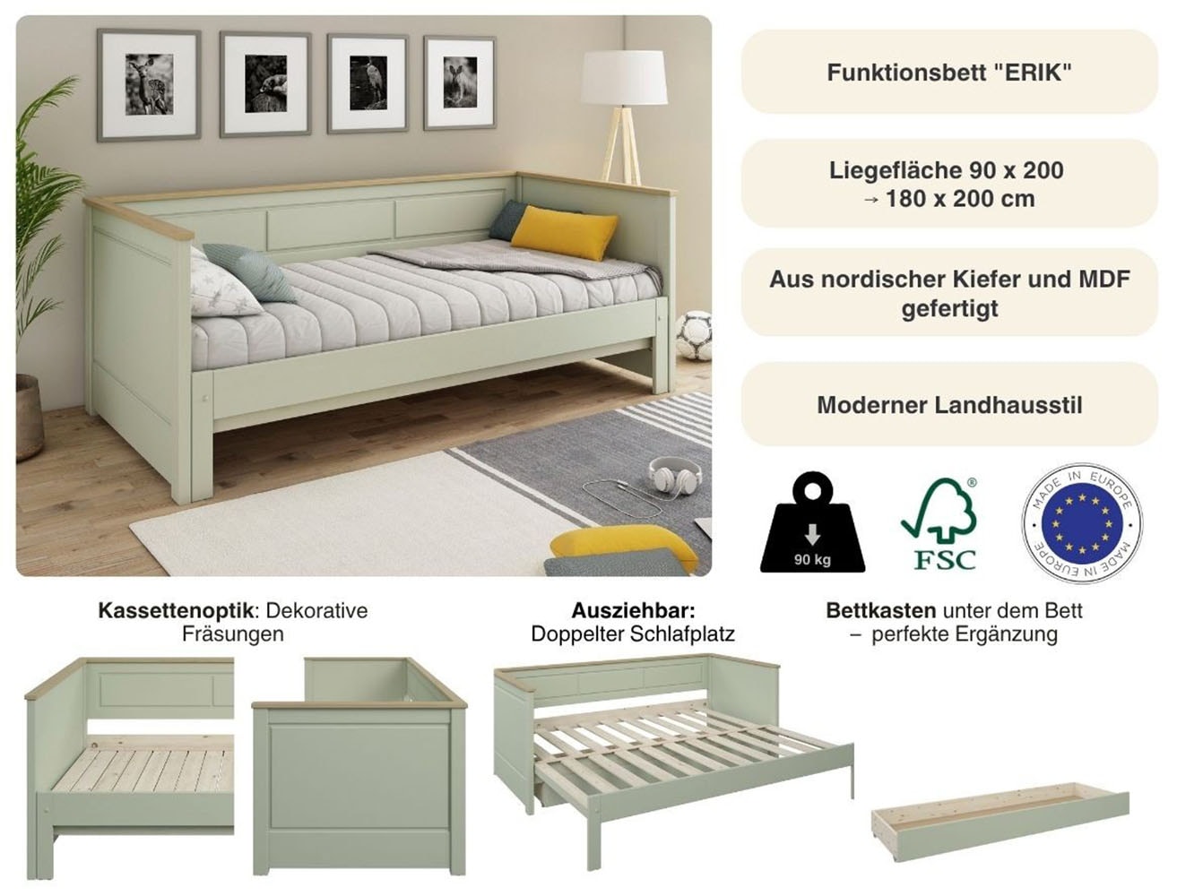 Lüttenhütt Lit fonctionnel »" ERIK " TOPSELLER! Daybed, Gästebett, Kinderbett, Massivholz (Kiefer)« stilvolle Kassetten - Fräsung, 90x200cm ausziehbar auf 180x200cm),  2. Schlafplatz ausziehbar, moderner Landhausstil, Schublade optional