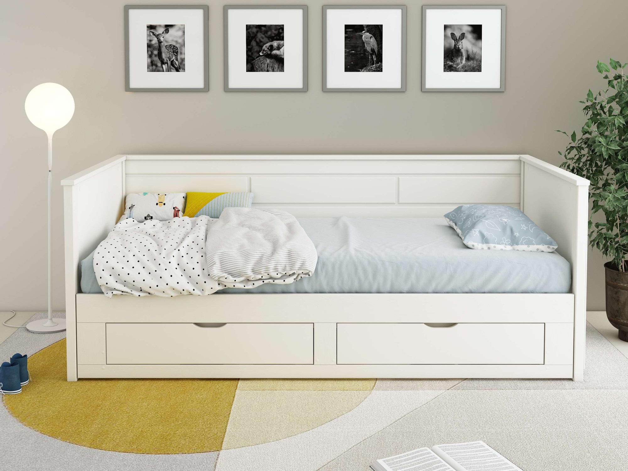Image of GOODproduct Daybed "Leorben, 2 Schlafplätze, Jugendbett, Landhausstil, Massivholz" B/H/T ca. Liegefläche von 90cm auf 180cm ausziehbar 100x82x210cm, ausziehbar, 2 Schubladen, inkl. Lattenroste, viel Stauraum, Made in EU
