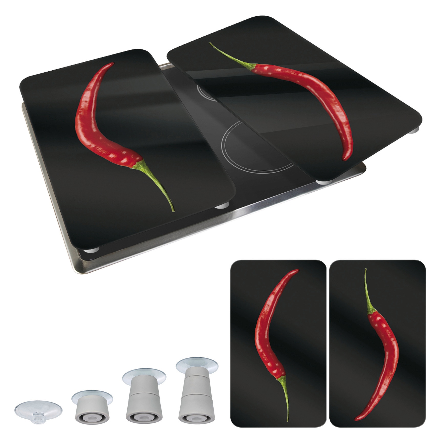 WENKO Herd-Abdeckplatte »Universal Modell Hot Peperoni«, (Set, 2 tlg.), Herdabdeckung für alle Herdarten, kratzfest, mit rutschfesten Füssen