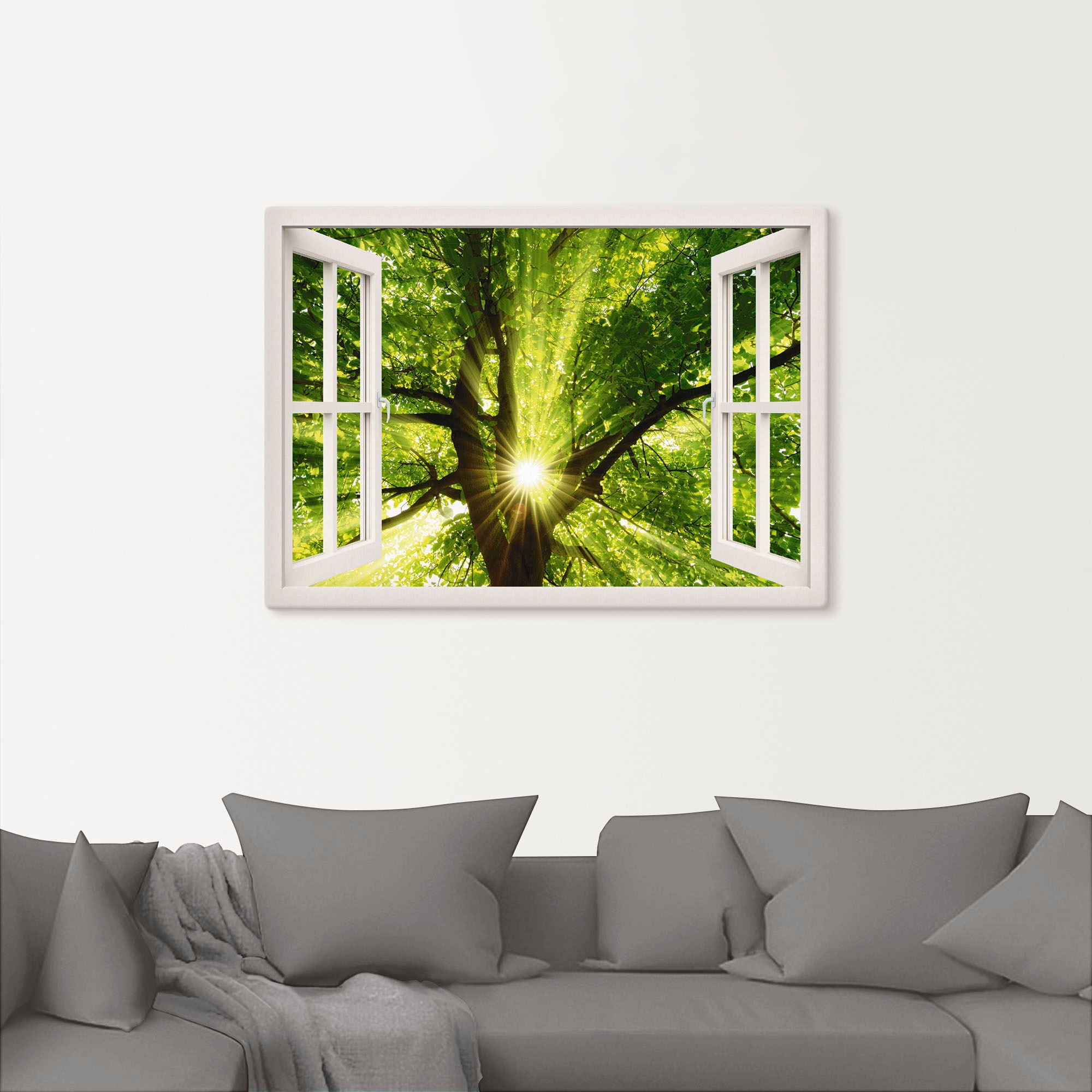 Artland Wandbild »Fensterblick Sonne Bäume, strahlt kaufen St.), in (1 oder versch. durch als Wandaufkleber Leinwandbild, bequem Poster Baum«, Grössen