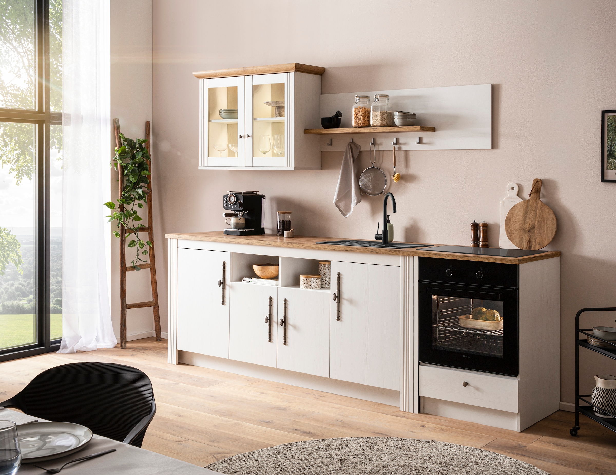 GOODproduct Küchenzeile »KS-Westminster, Pantryküche im Landhaus Stil, hochwertige Metallgriffe« Set,  Breite 268 cm, Sideboard, Wandpaneel, Hängeschrank und Herdumbau