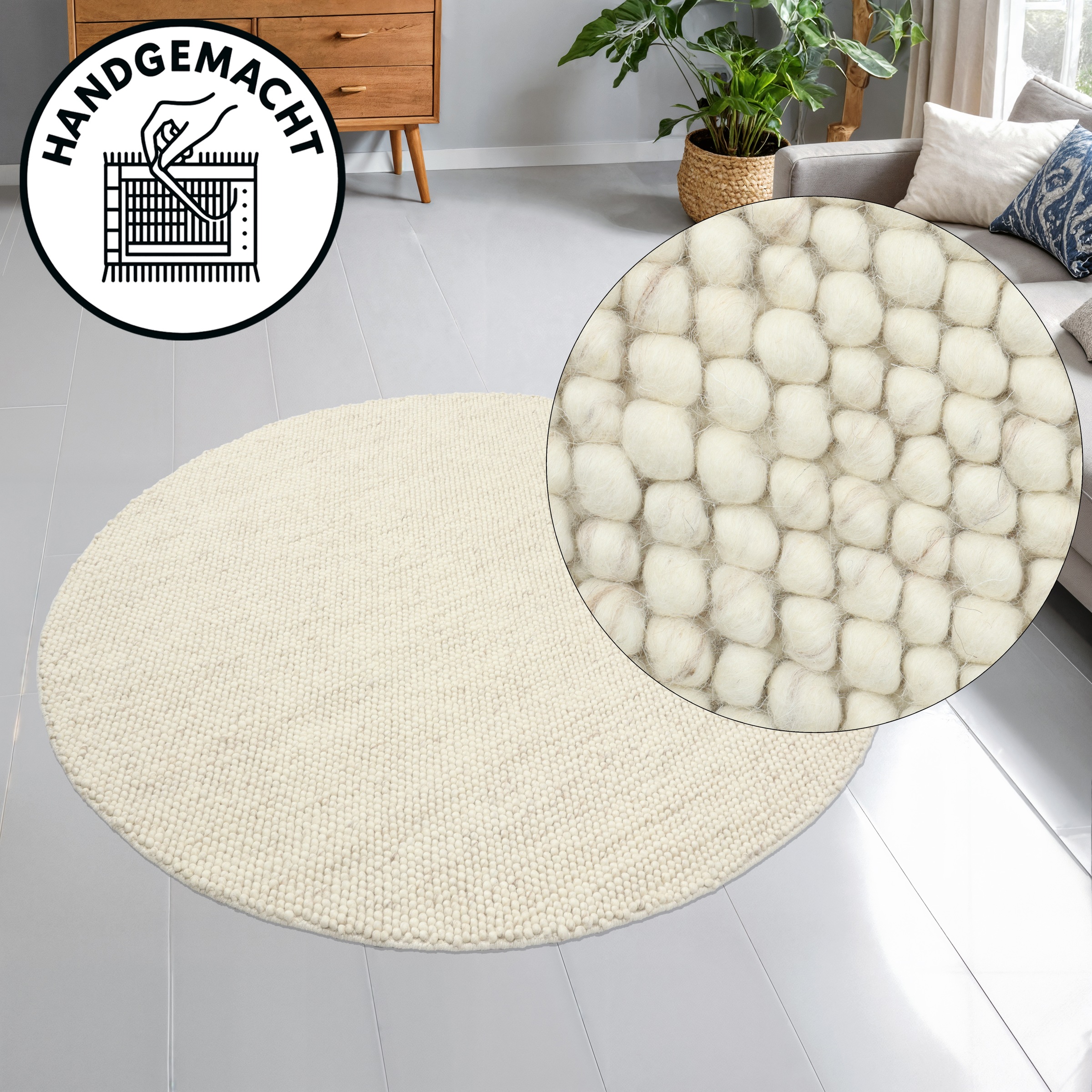 Image of GOODproduct Wollteppich "Wolly" rund 14 mm Höhe Wolle, handgewebt, Handweb Teppiche, Wohnzimmer, Schlafzimmer