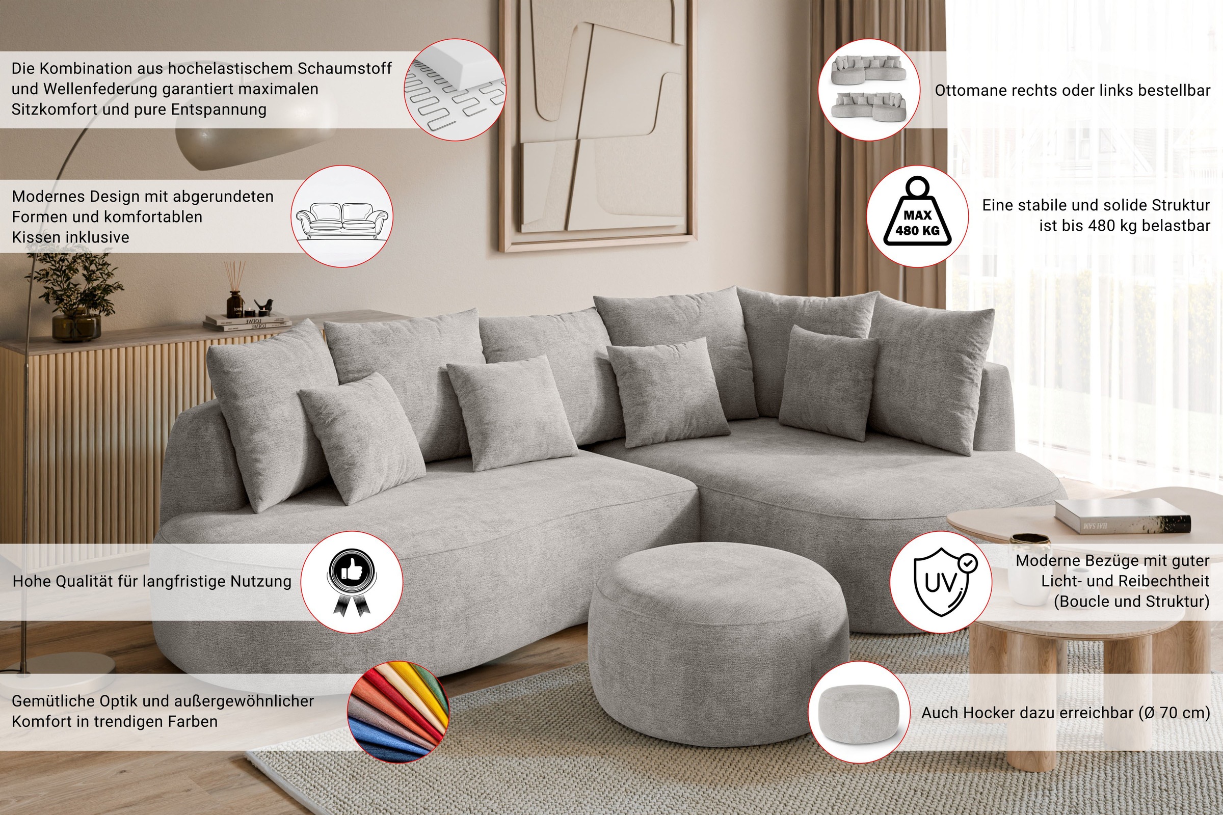 homsy by Ana Johnson Canapé d'angle »PEBBLA L-Form mit vielen Kissen, modernes Design, Bezug- Struktur« Largeur 267 cm, canapé design avec ottomane commandable à droite/gauche