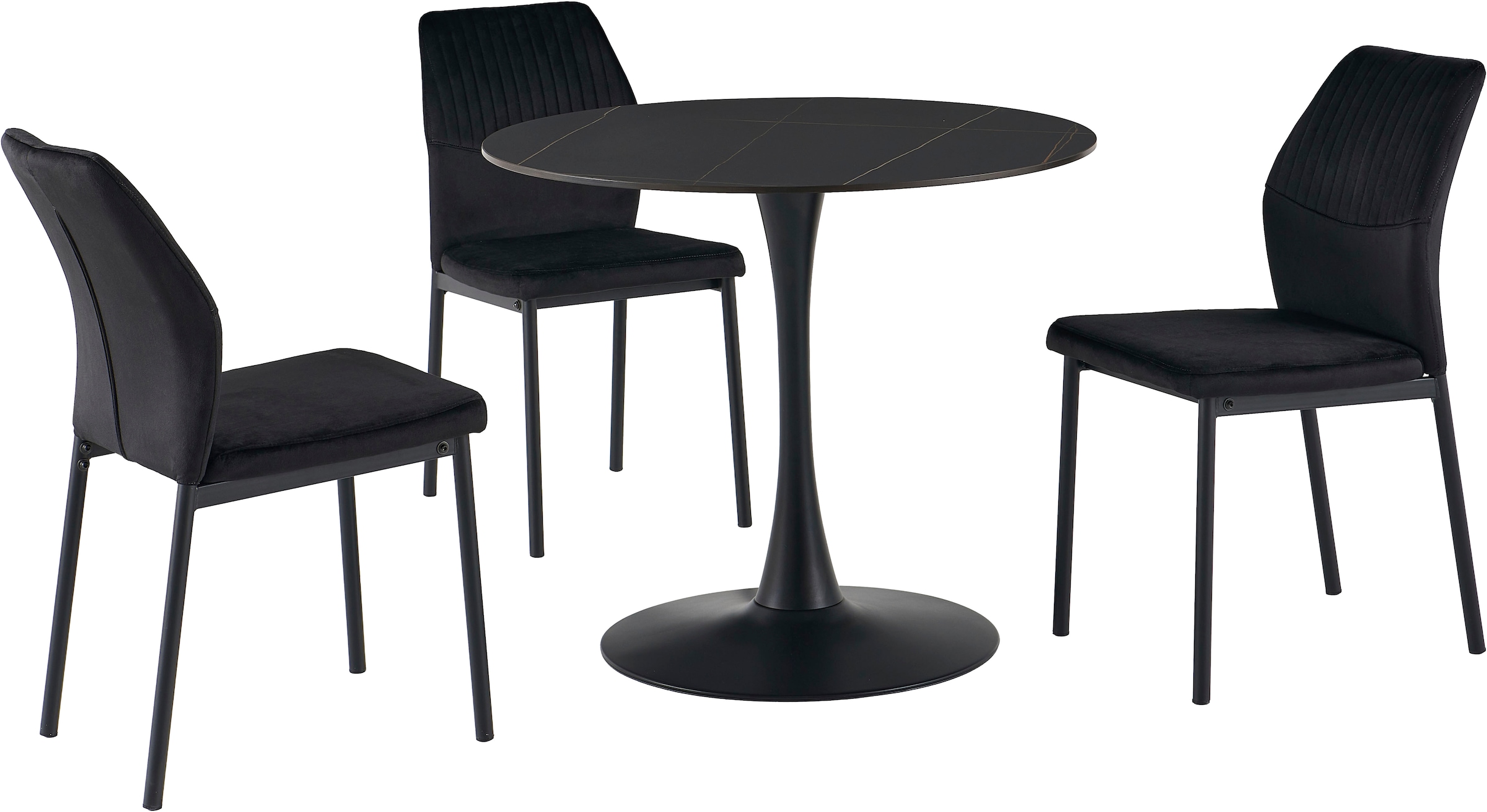 GOODproduct Ensemble de salle à manger »Freya, Set, 4-tlg.« Ensemble, 4 tlg. Table à manger ronde 90 cm en pierre frittée, cuivre noir avec 3 chaises en velours