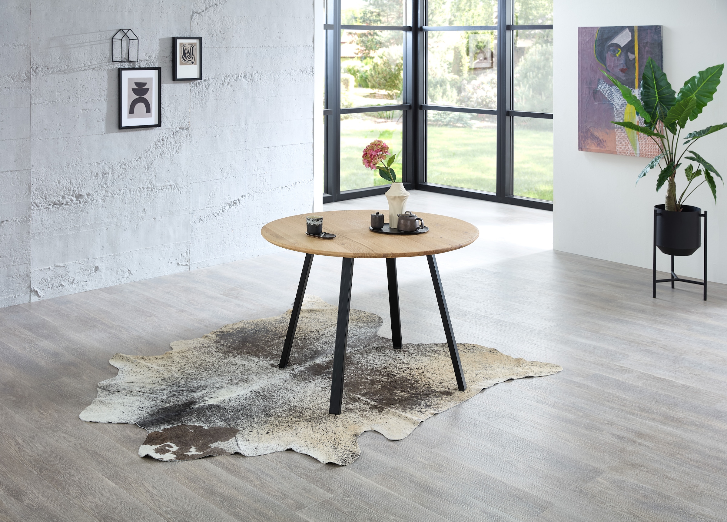 Stolkom Esstisch »Nils Massivholz rund, Esszimmertisch Eiche, BxH 110x75 cm«, Stabiles 4-Fuss Metallgestell, Boden bis Unterkante Tisch ca. 69 cm