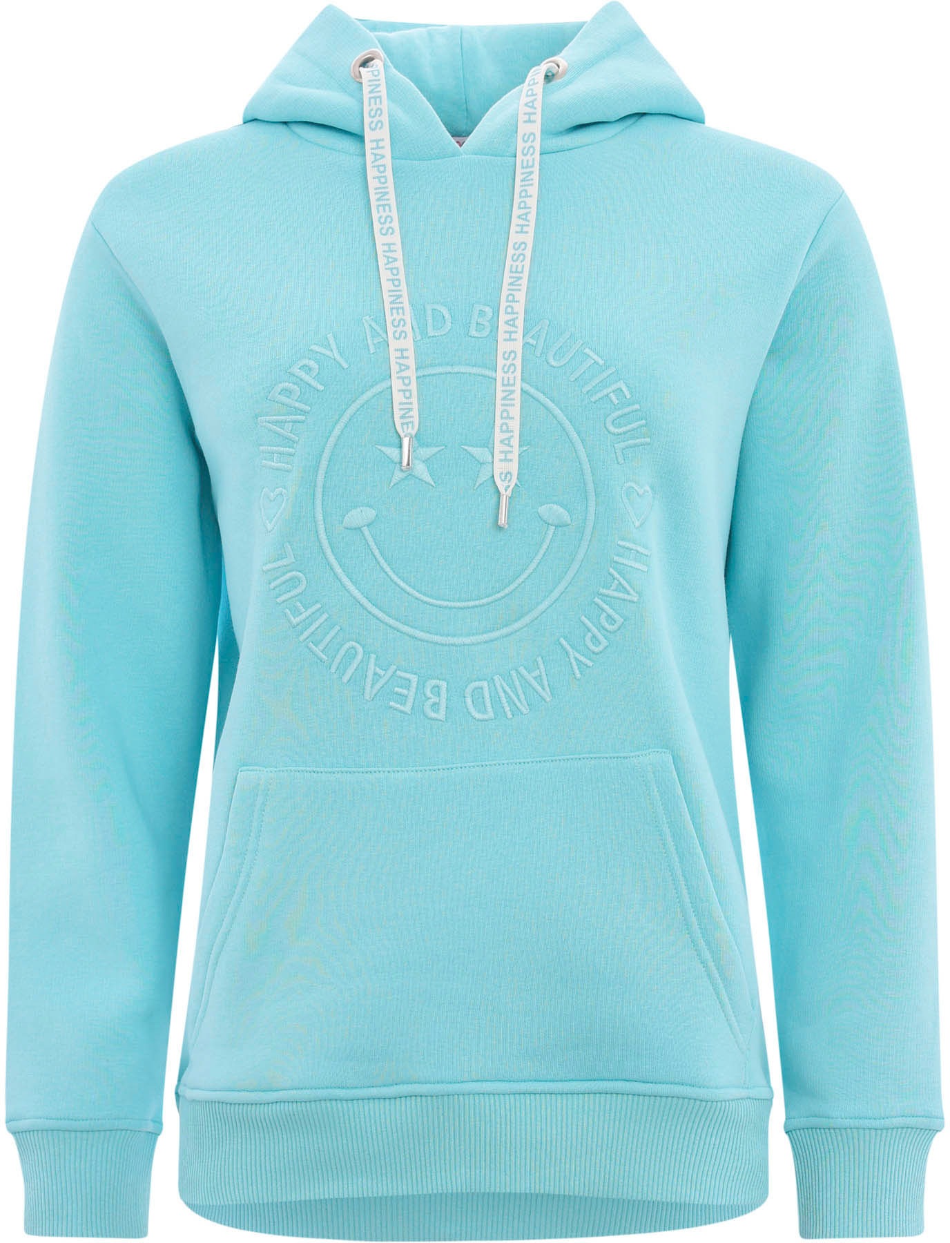 Zwillingsherz Hoodie »Happy and Beautiful«, mit gleichfarbiger Smiley-Stickerei und Bindebänder mit Schriftzug