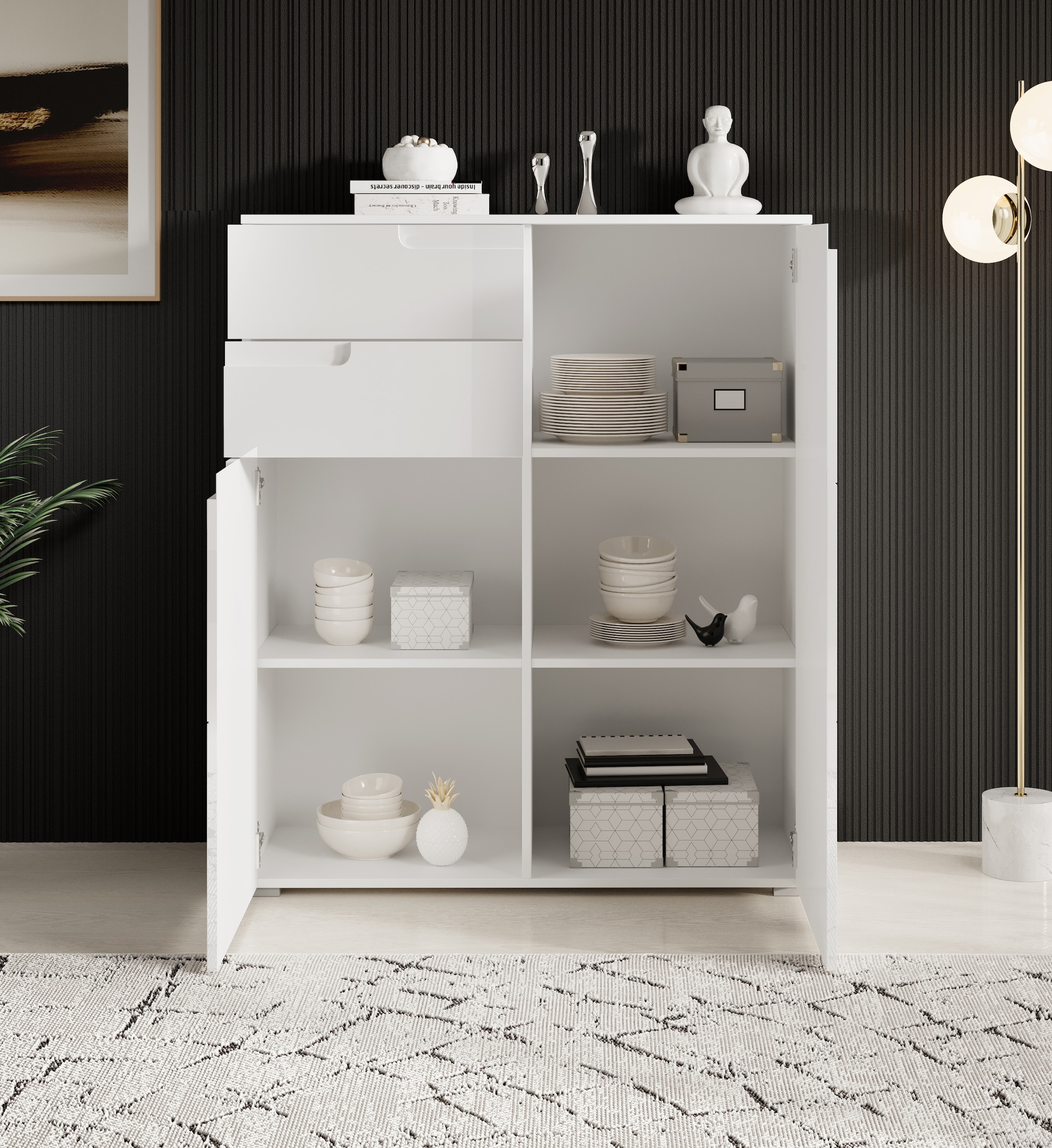HBZ Kommode »Spice weiss hochglanz, BxHxT 100x119x40 cm«, Kommode mit 2 Türen, 2 Schubkästen und 3 Einlegeböden
