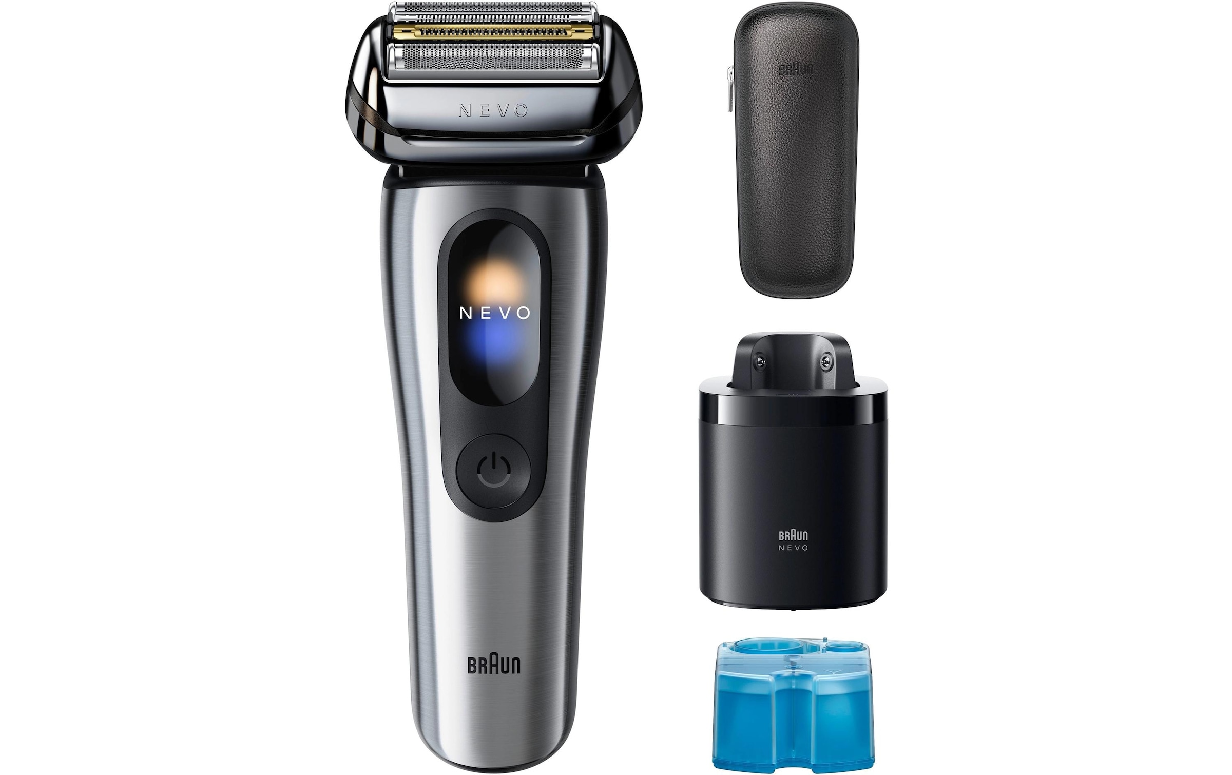 Braun Rasoirs électriques »NEVO 15000cc« station de nettoyage SmartClean Plus Tondeuse de précision intégrée AeroTouch, écran intelligent, système de soin 7-en-1, étui de voyage, argent