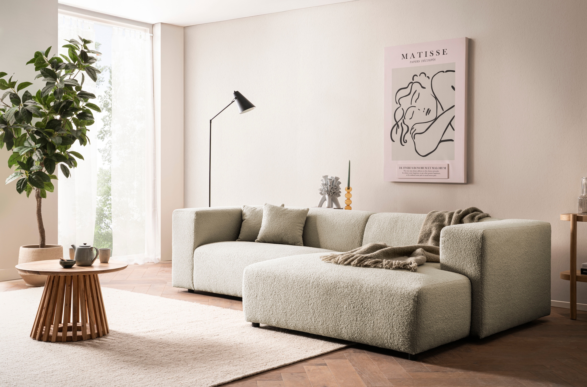 andas Ecksofa »BAKELS, L-Form in Cord oder Boucle-Stoff, moderne Couch«, wahlweise Recamiere rechts/links, bequemer Sitzkomfort