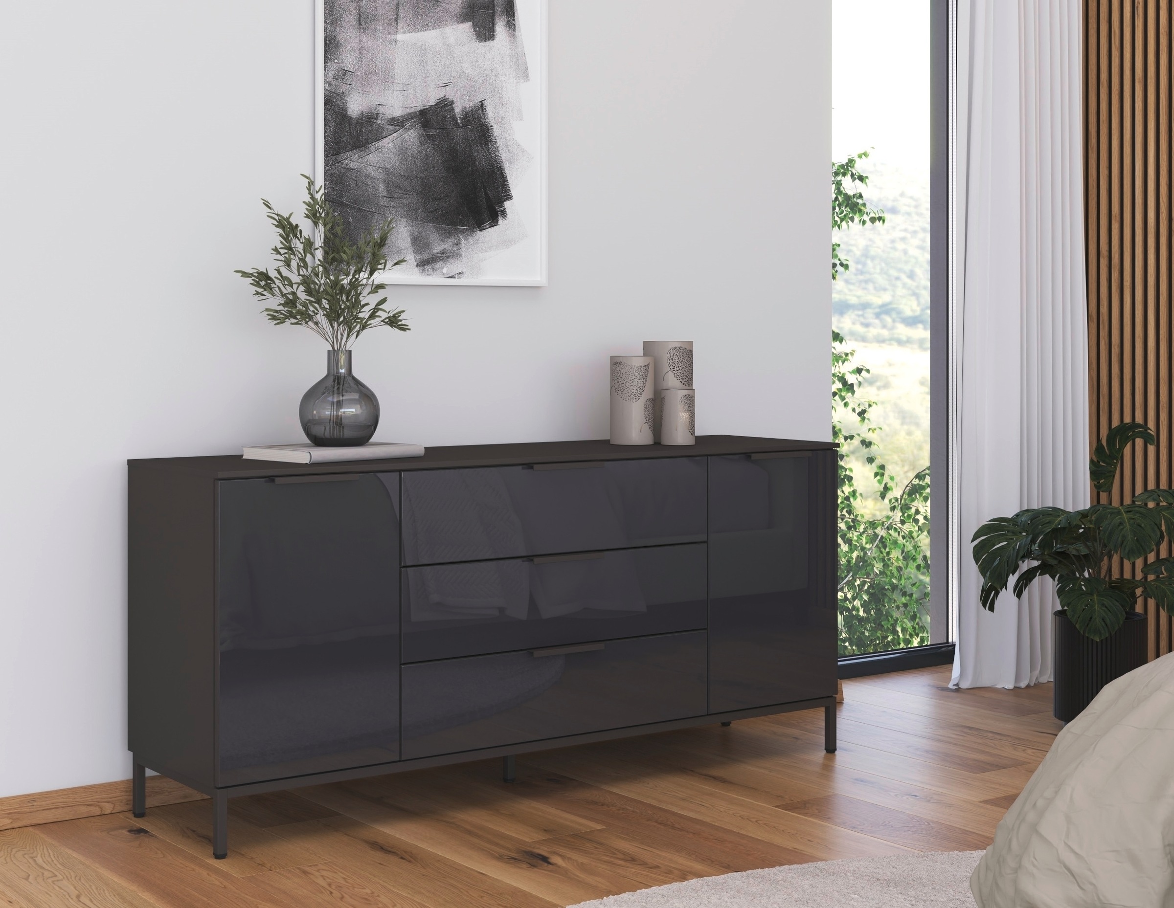 rauch Kombikommode "Kommode Türkommode Sideboard Kombikommode FLIPP mit Glasfront" Breite 160 cm mit 2 Einlegeböden, 2-türig mit 3 Schubladen und Soft-Close-Funktion sowie Glasfront
