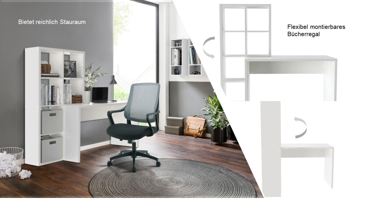 INOSIGN Regal-Schreibtisch »Triest, Computertisch mit Raumtrenner, Breite 156 cm«, Regalelement flexibel montierbar, 6 Fächer, Tischbreite 120 cm