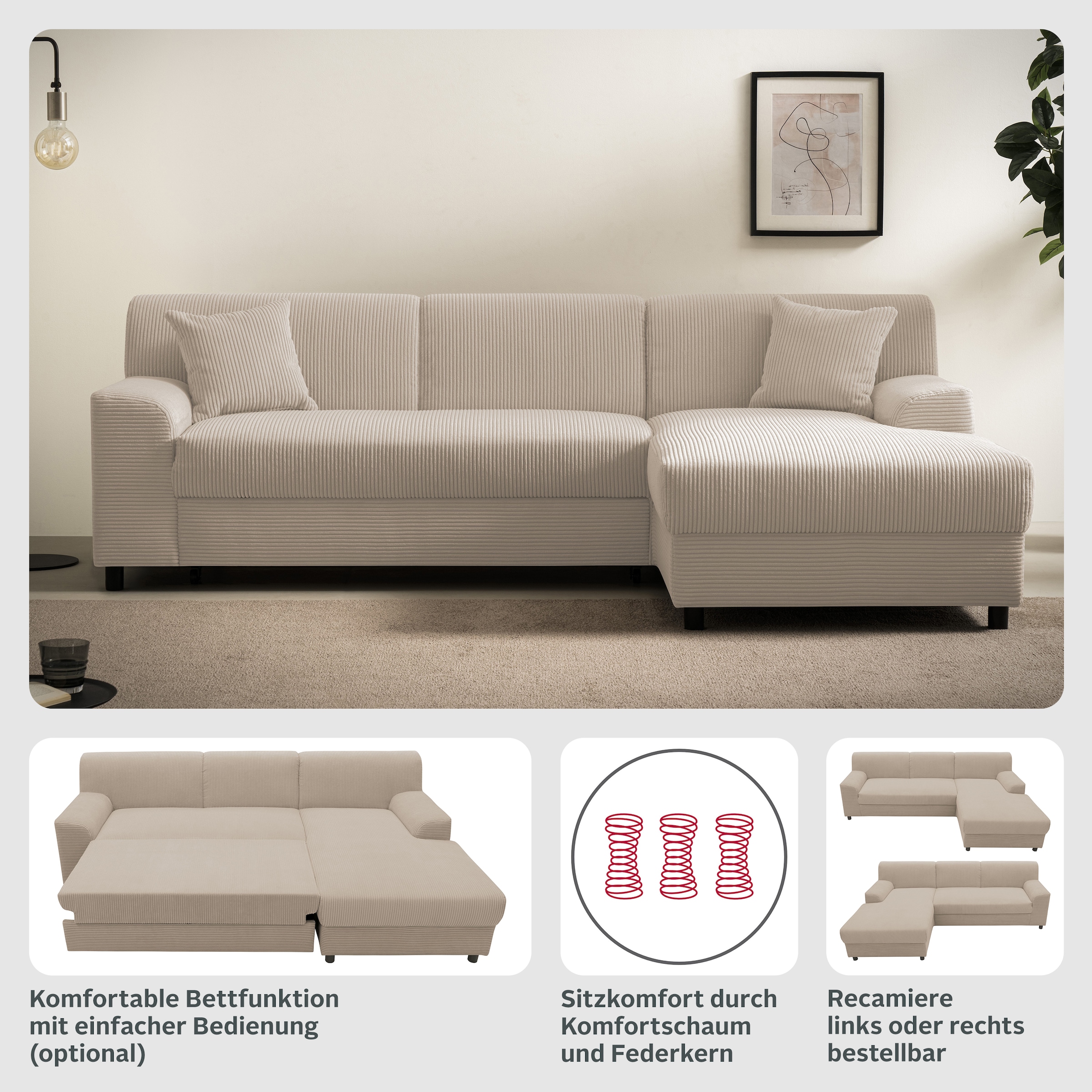 INOSIGN Ecksofa »Turah 2, L-Form, in Cord u. wasserabweisender Microfaser, Federkern«, B/T/H: 241/146/79 cm, incl. Zierkissen, wahlweise mit Bettfunktion