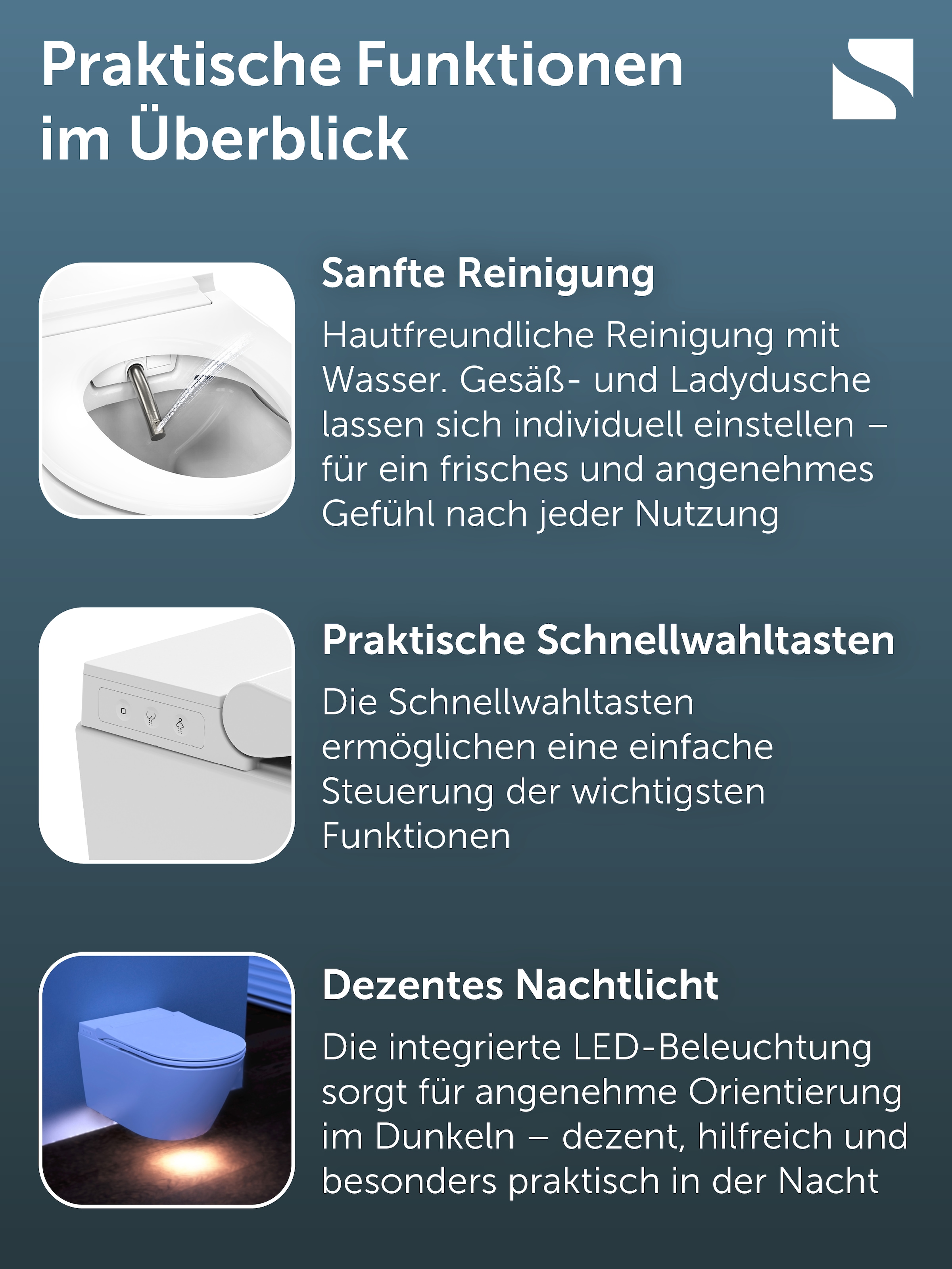 Schütte Dusch-WC Dusch-WC, Wandhängend, spülrandlos, Gesäss- & Ladydusche, LED