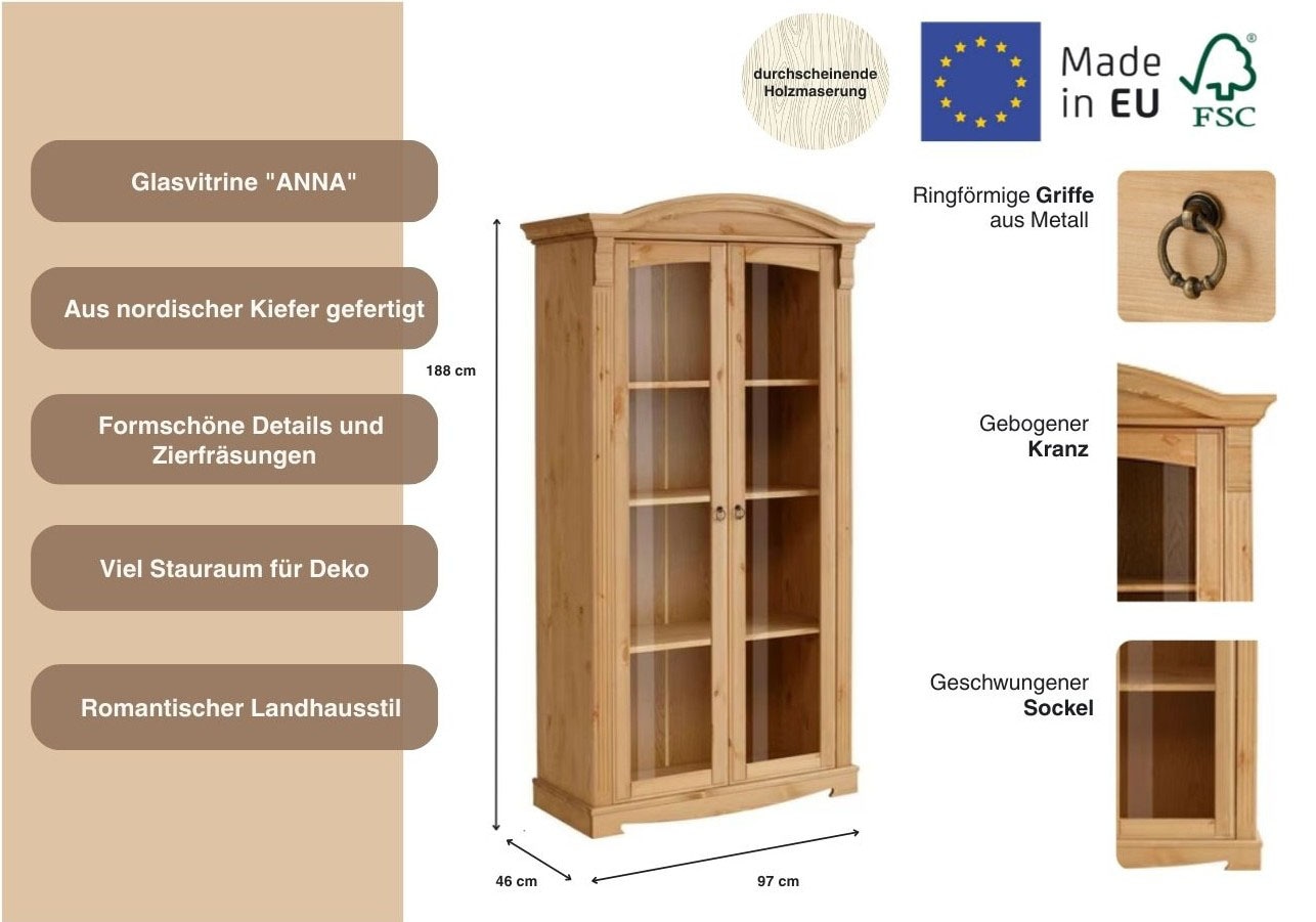 Home affaire Vitrine »Anna« Gesamtmasse (B/T/H): ca. 97/46/188 cm,  mit Glastüren, Höhe 188 cm, Massivholz, mit Zierfräsungen, FSC®