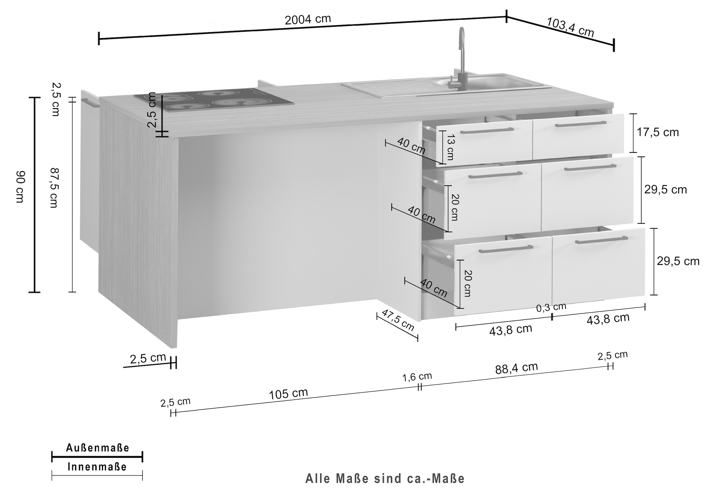 KOCHSTATION Ilot de cuisine »KS-Luna Breite 200 cm, Höhe 90 cm« Breite 200 cm, wahlweise mit Hanseatic-E-Geräten