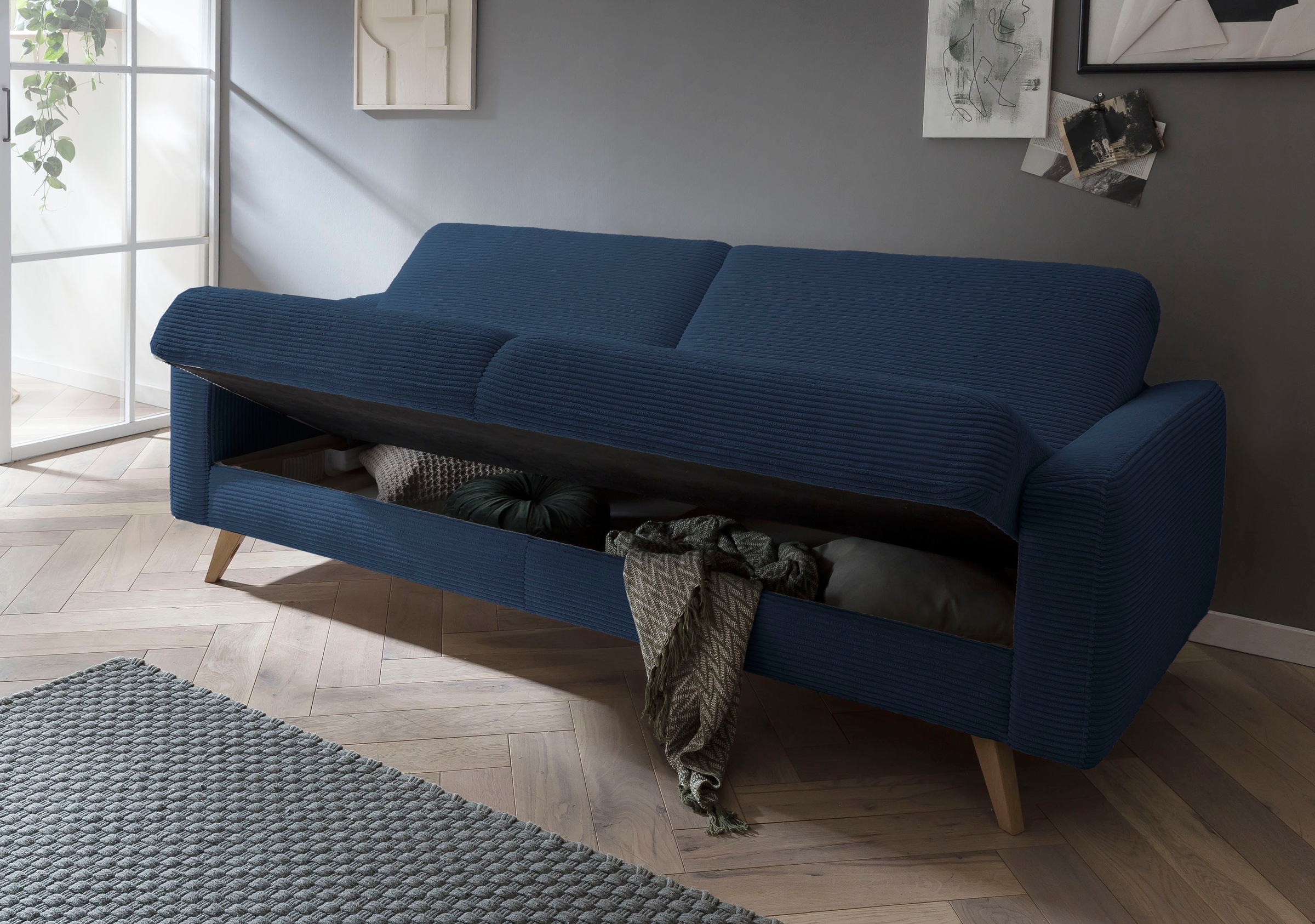 exxpo - sofa fashion 3-Sitzer »Samso, elegant und bequem, aktueller Cord Bezug, Kippcouch«, hochwertige Verarbeitung, Schlafsofa inkl. Bettfunktion und Bettkasten