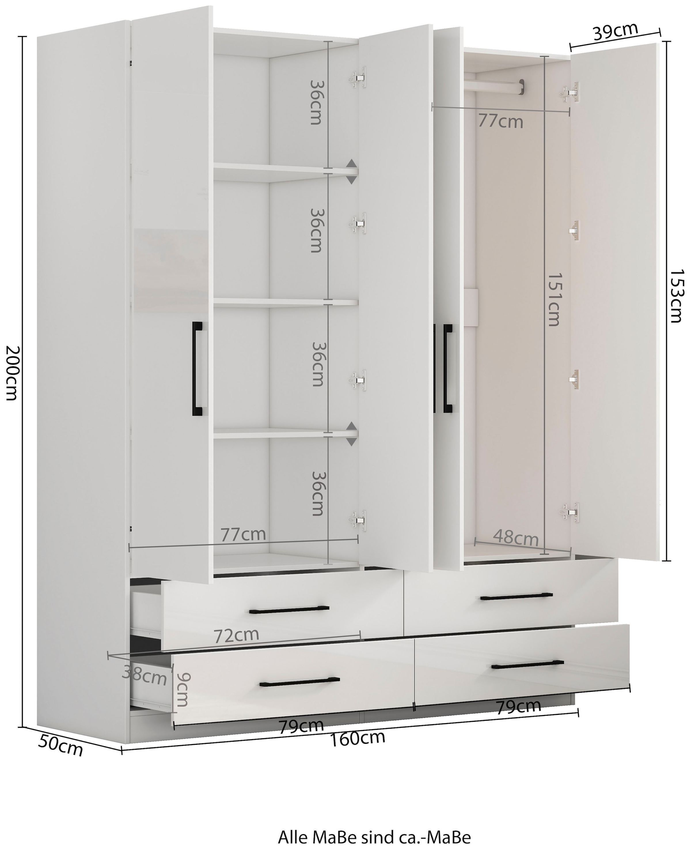 GOODproduct Armoires à vêtements »Sylt Schlafzimmerschrank Garderobe Schrank hochglanz« Drehtürenschrank mit 4 Schubladen und 4 Türen,  Schrank in Breite 160 mit viel Stauraum