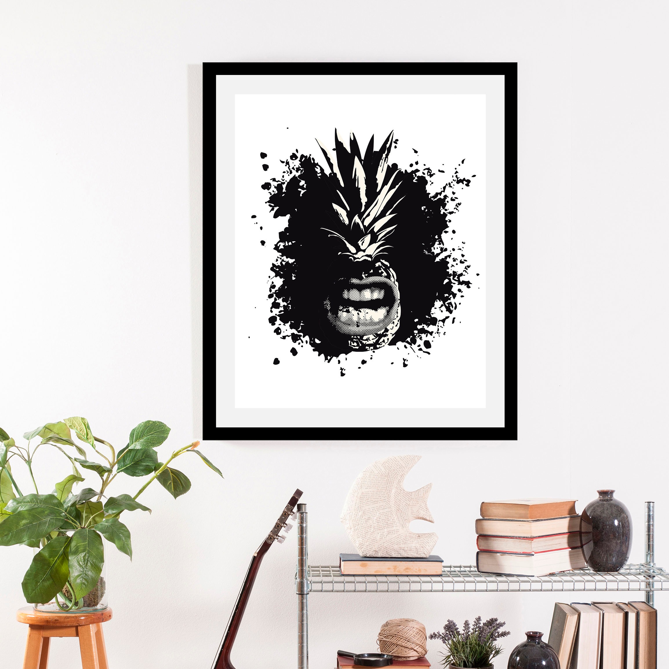 Image of queence Bild "Angry Pineapple" Abstrakt Figuren Gesicht Kunst Obst Schwarz-Weiss 1 Stk. tlg. gerahmt