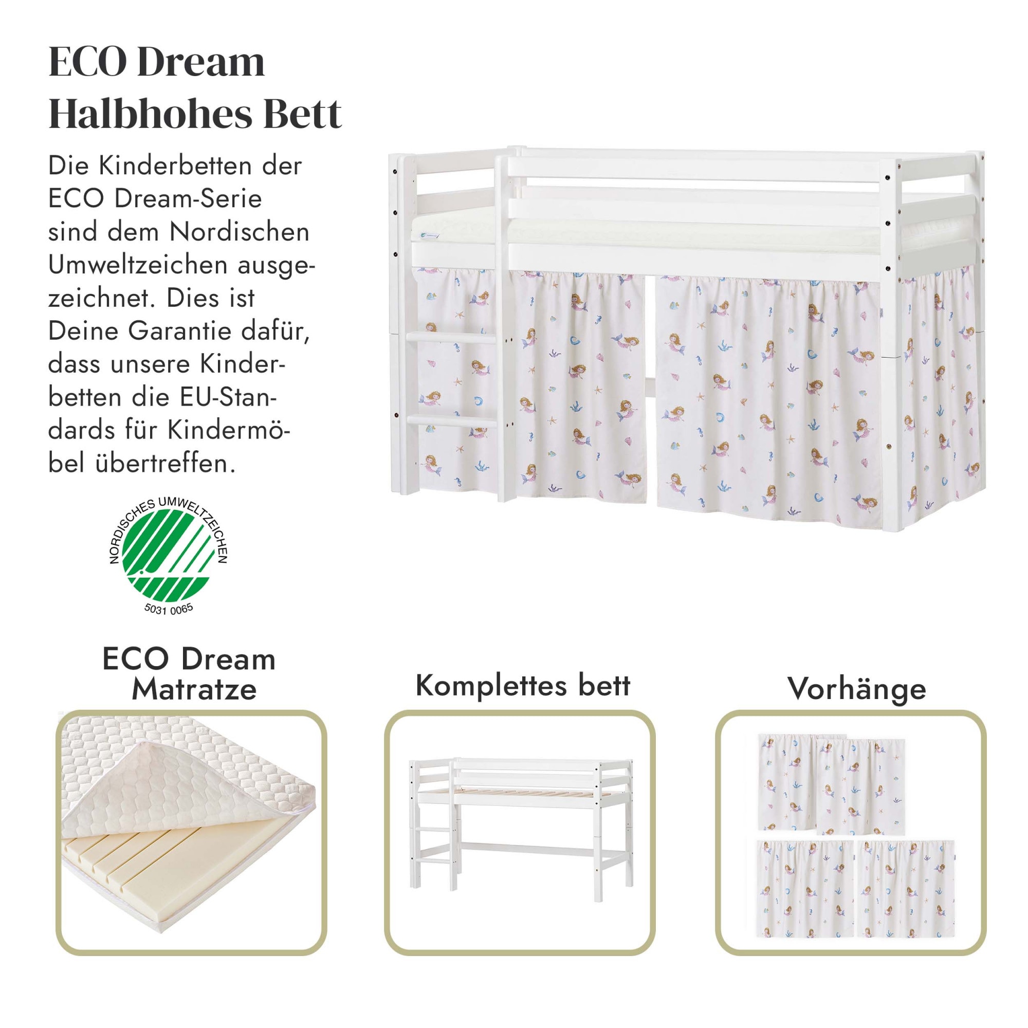 Hoppekids Spielbett »ECO Dream, Hochbett, in 2 Einzelbetten teilbar«, Massivholzbett mit Meerjungfrau-Vorhang, Matratze & 2 Grössen wählbar
