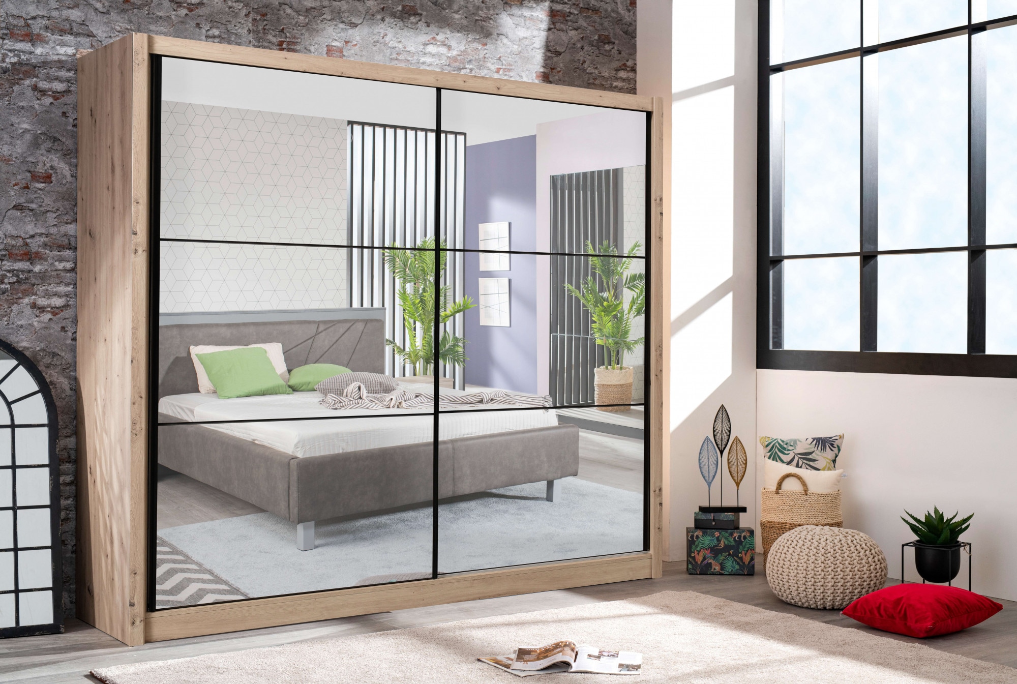 INOSIGN Schwebetürenschrank »Navara Kleiderschrank mit Spiegel Wäscheschrank«, mit kompletter Spiegelfront, FSC®-zertifiziert, 213,5x215,5x61cm