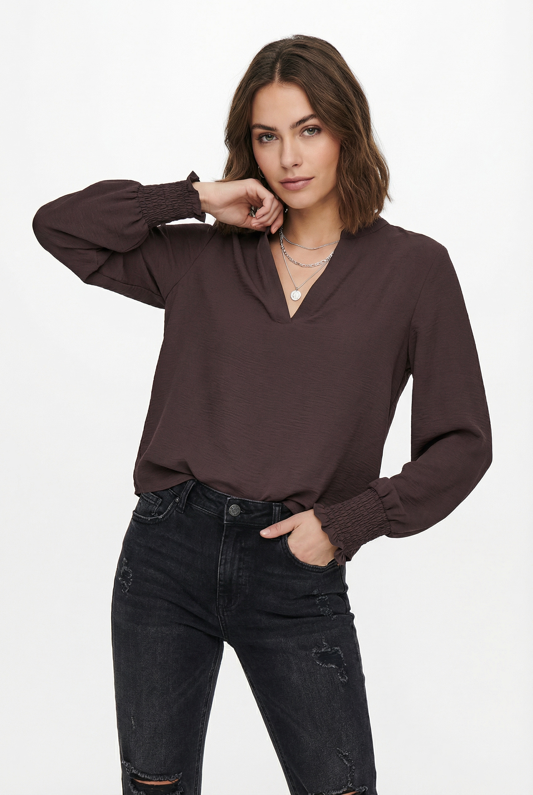 Image of ONLY Blusenshirt "ONLMETTE V-NECK LS SMOCK TOP NOOS WVN" Kunstfaser, regular fit