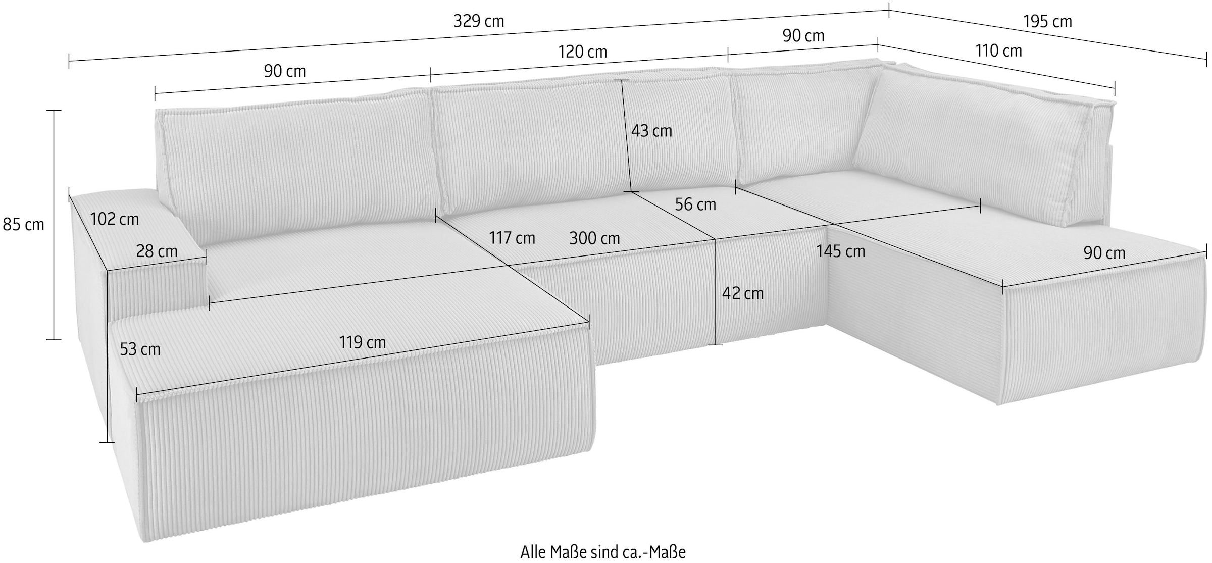 Home affaire Wohnlandschaft »SHERWOOD 329 cm, U-Form, Schlafsofa,«, Schlaffunktion m. Bettkasten (194x139 cm), Cord, Vintage, Samtvelours