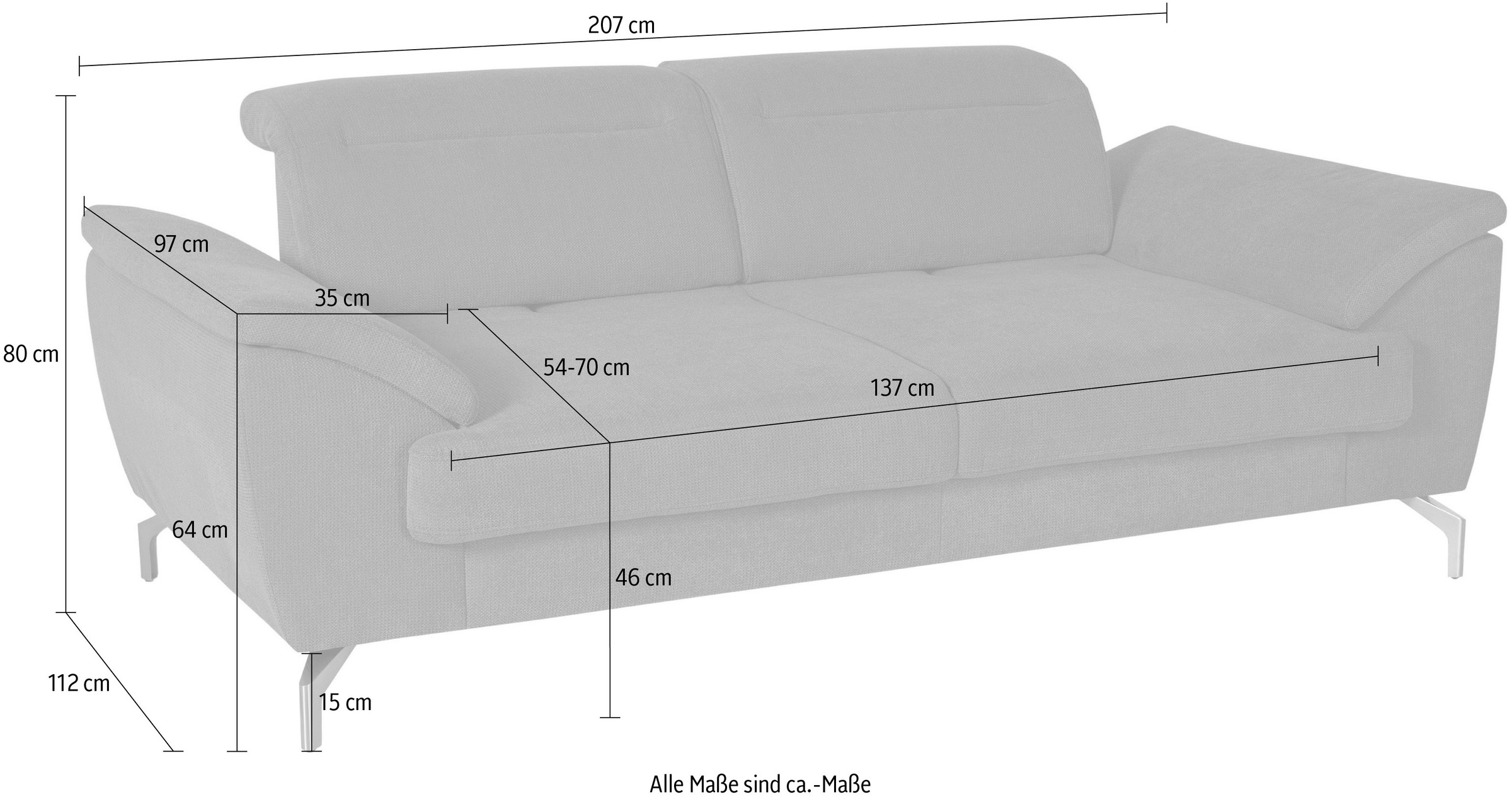 sit&more 2,5-Sitzer »Percy«, 15 cm Fusshöhe, Sitztiefenverstellung, wahlweise Kopfteilverstellung