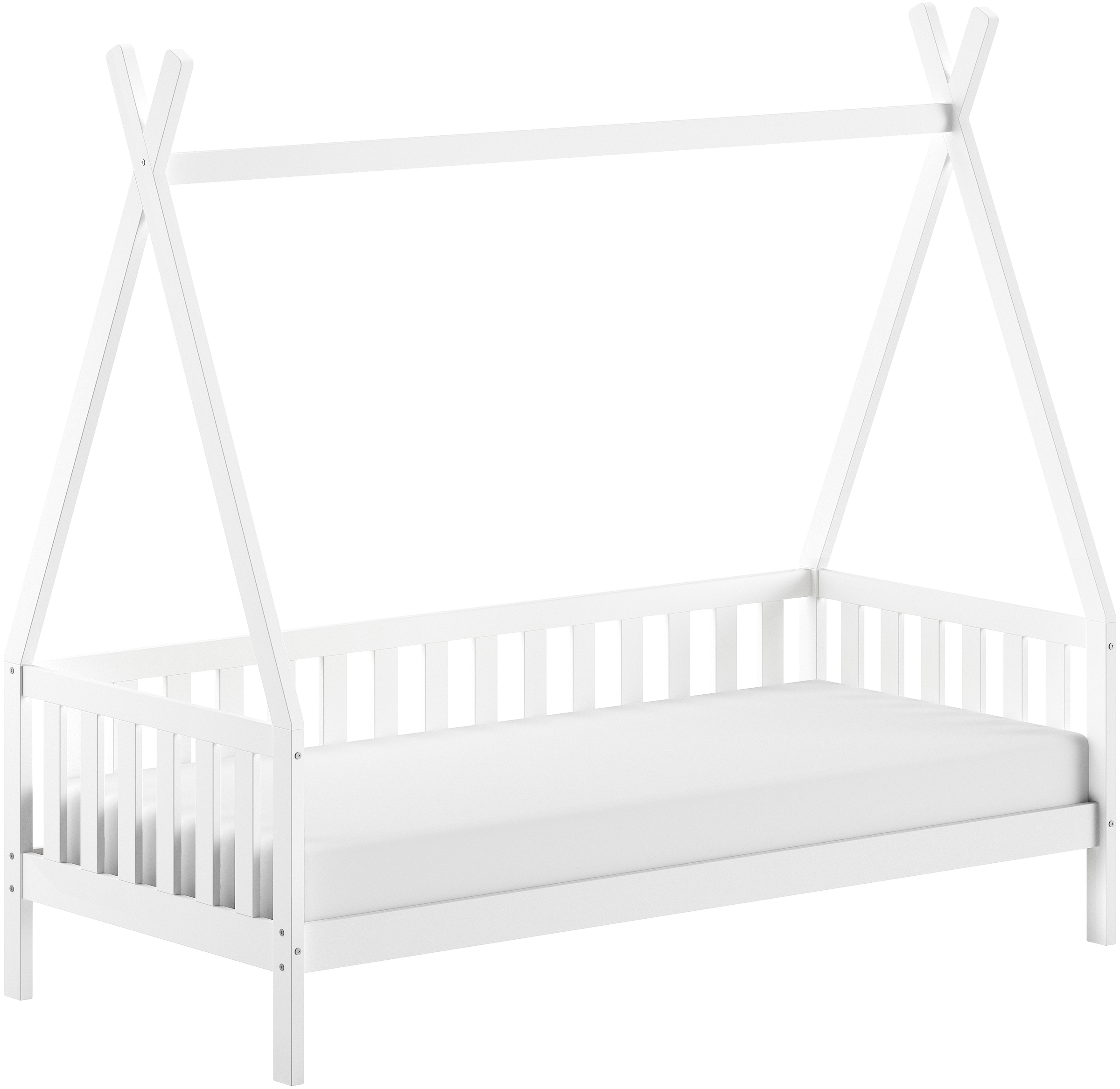 Vipack Massivholzbett »mit Tipi Dach, seitlich und hinten mit Sprossenumrandung« Liegefläche 90/200 cm inkl. Massivholz Rollattenrost,  Korpus aus massiver Kiefer, weiss lackiert