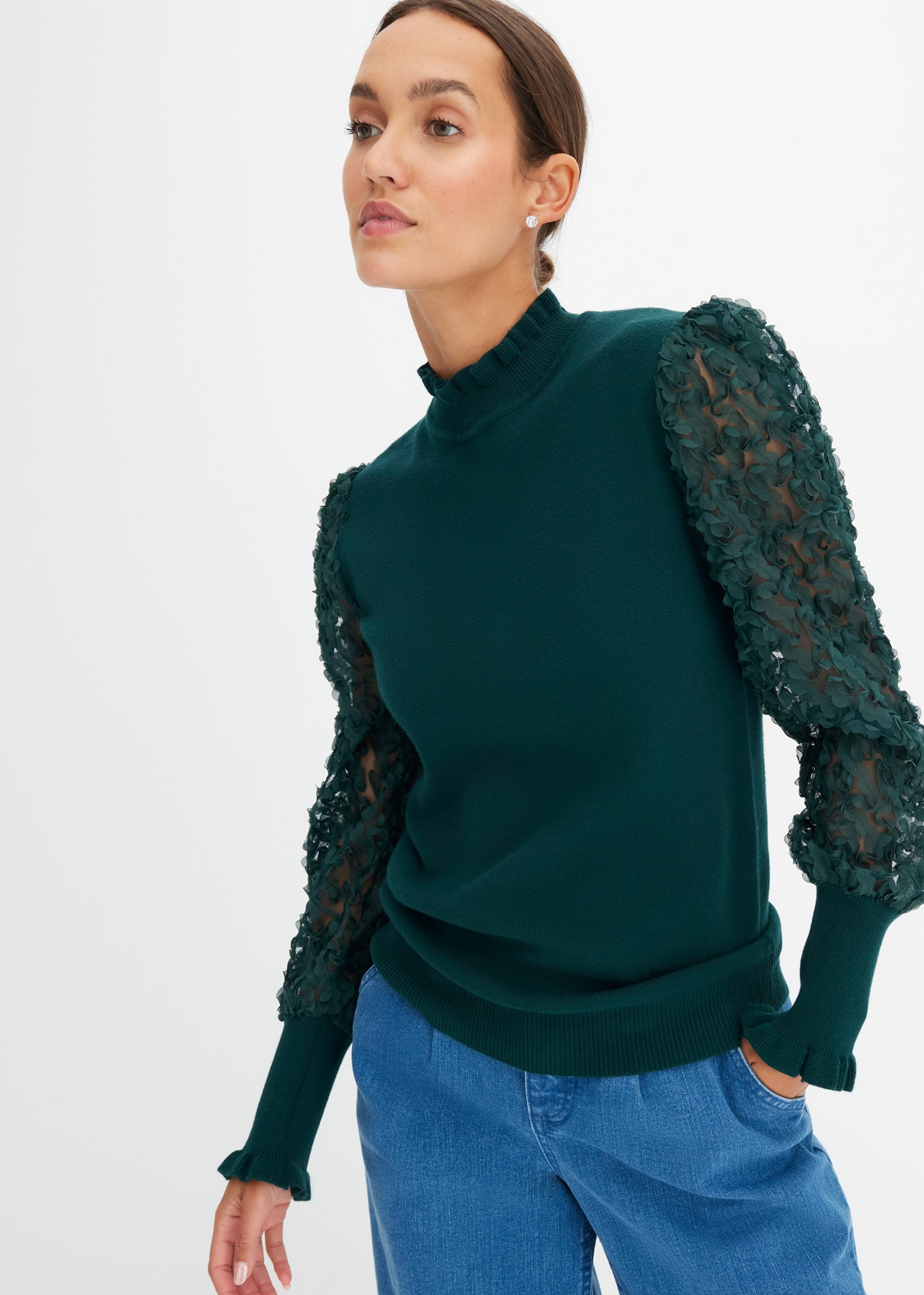 Image of bonprix Stehkragenpullover "Rollkragenpullover aus fliessendem Viskose-Mix" Viskose-Mix, Kragen + Ärmel mit gewellter Kante, transparente Ärmel