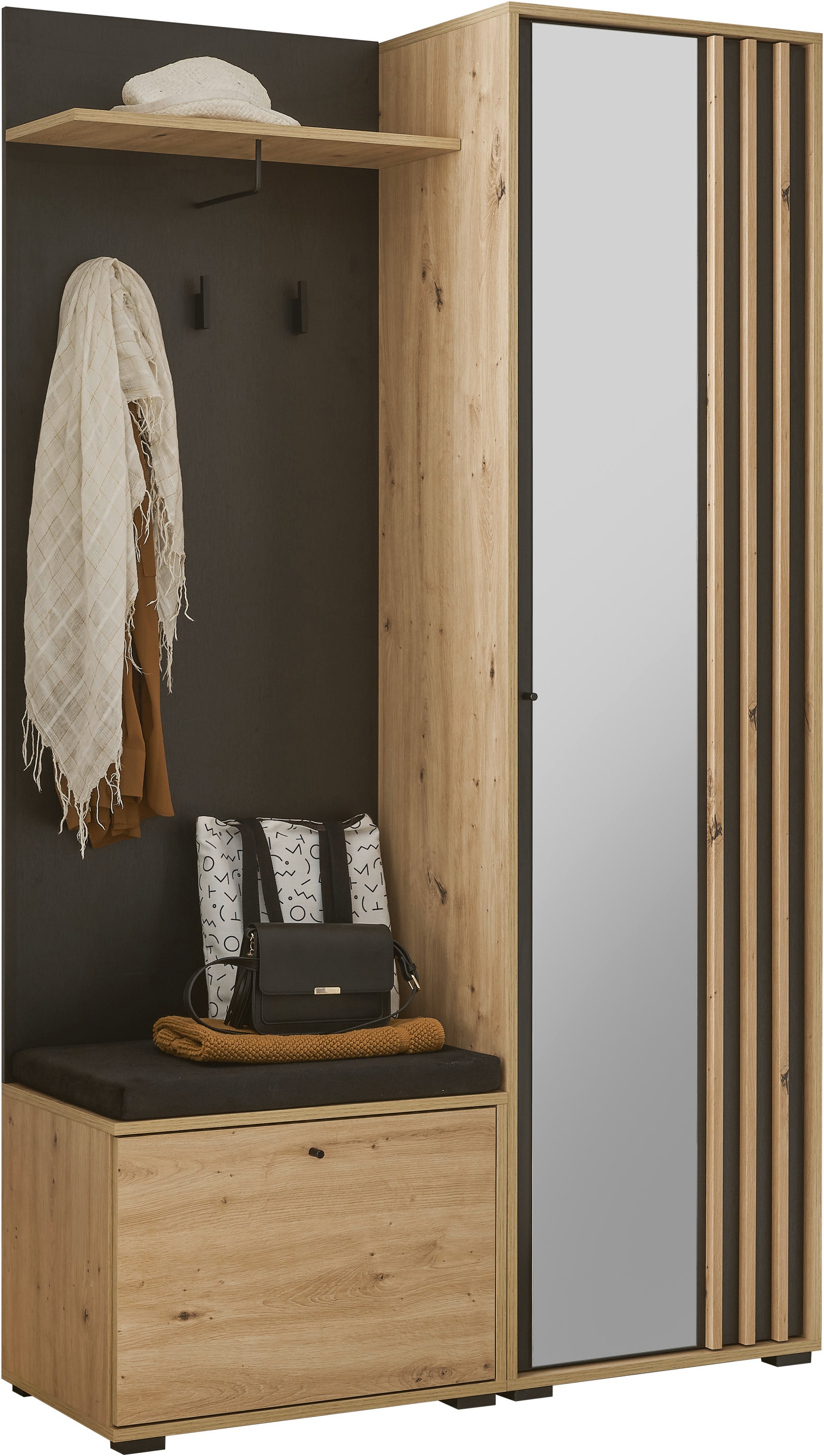 Image of HBZ Kompaktgarderobe "Volano in schwarz Eiche Artisan, BxHxT 114x197x40 cm" 1 Stk. tlg. Mit Schubkästen und Türen mit Softclose
