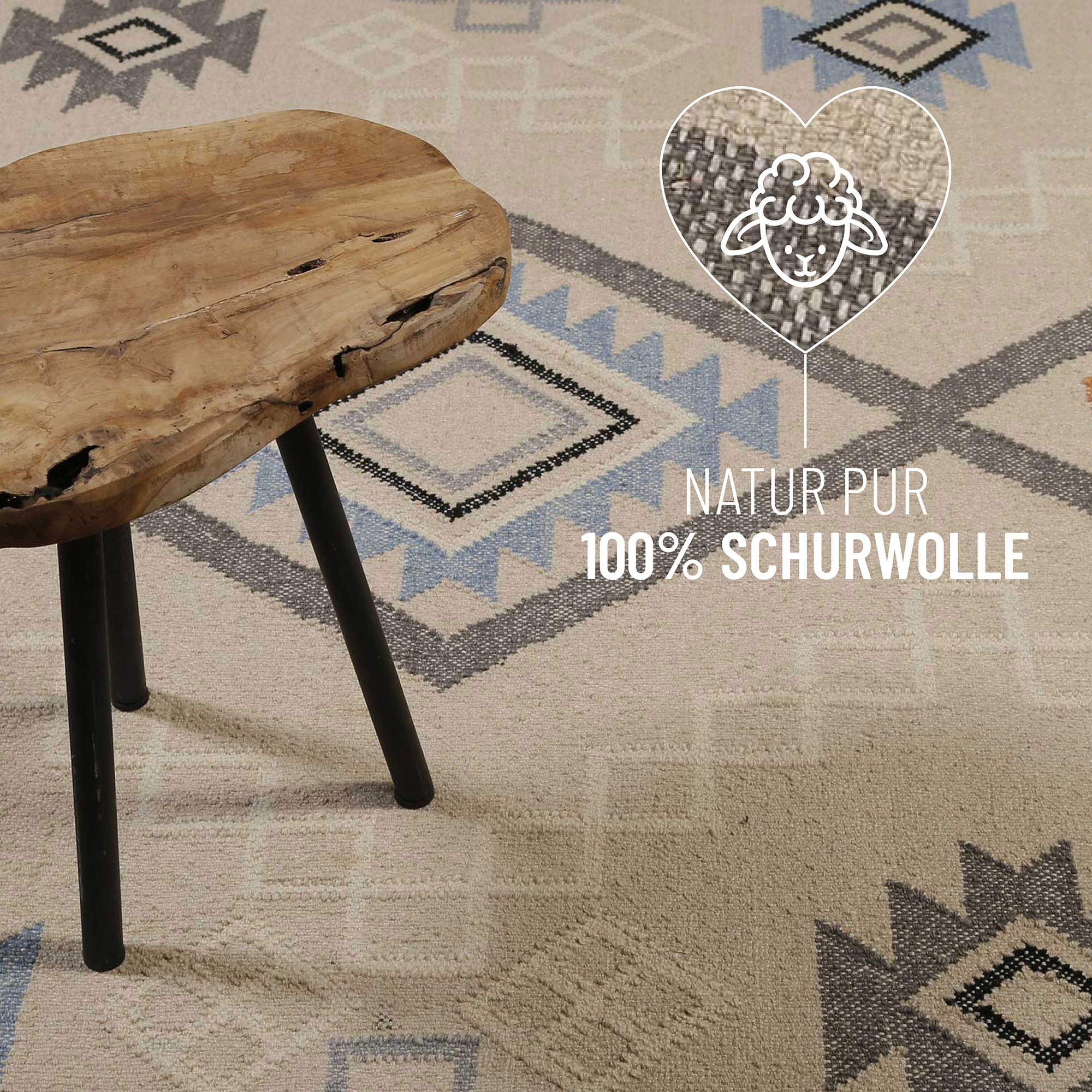 Green Looop Wollteppich »Jong« rechteckig 5 mm Höhe Fransen, Kelim, handgewebt, Natur, Wohnzimmer, Schlafzimmer, Raute