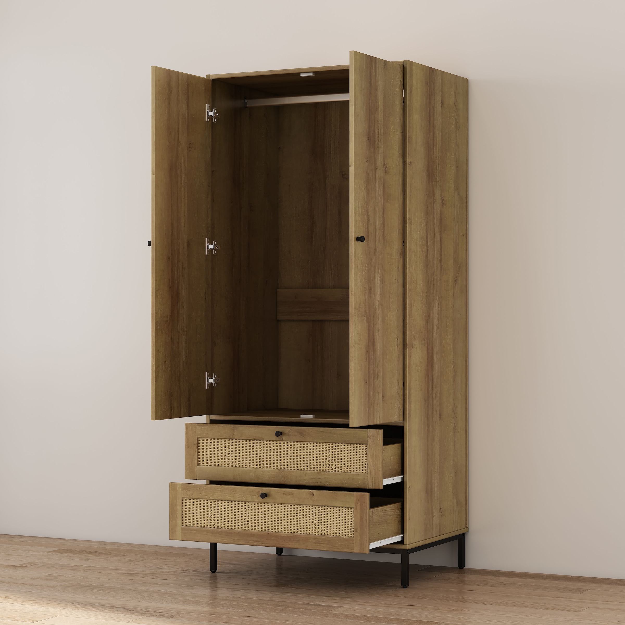 GOODproduct Armoires à vêtements »Motala Schlafzimmerschrank Garderobe Boho Eichen-Design Bestseller« Moderne schwarze Griffe, Schublade mit Geflecht,  Schlafzimmerschrank mit 2 Türen und 2 Schubladen