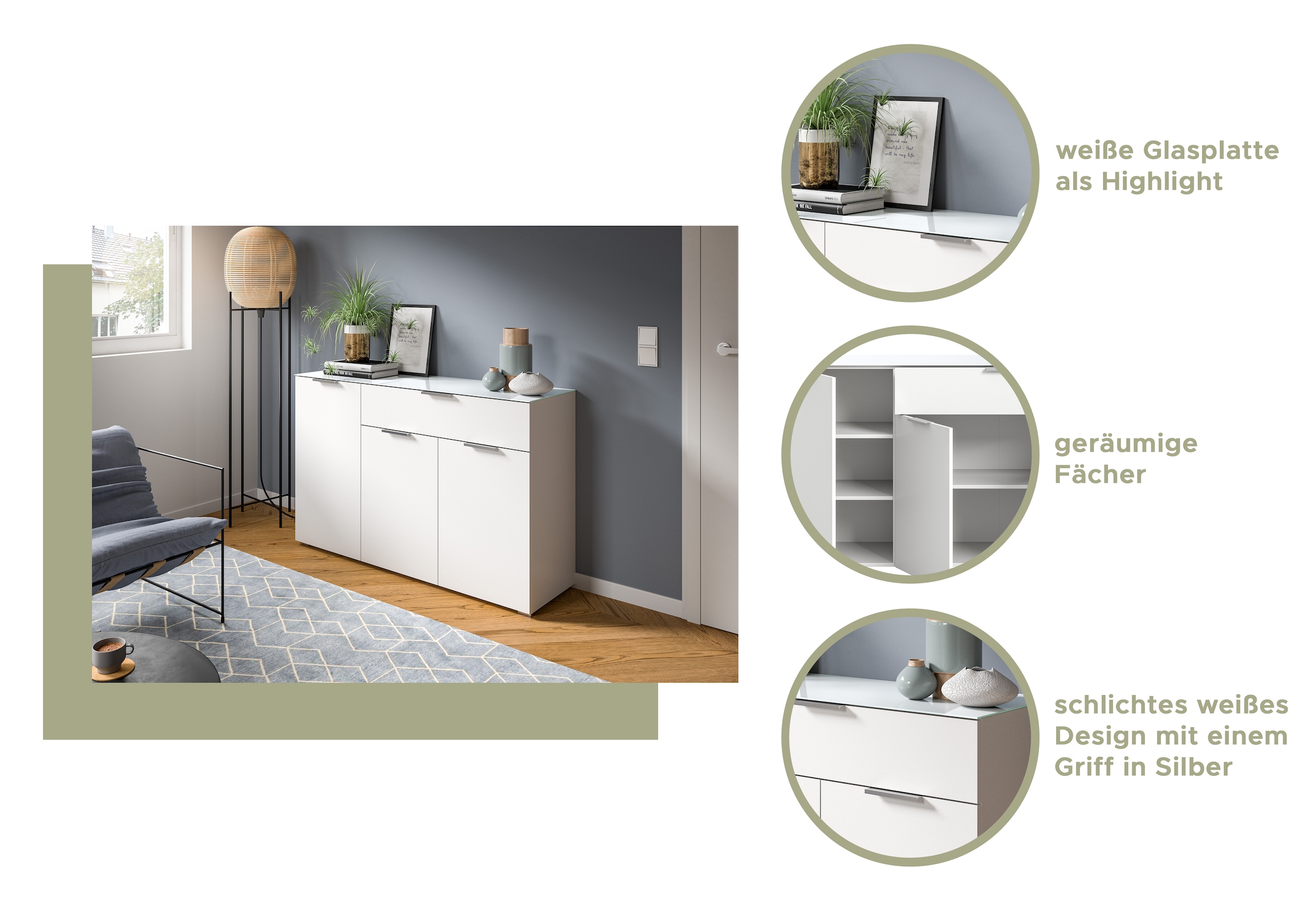 INOSIGN Sideboard »Raio, Breite 135 cm, 3 Türen, 1 Schubkasten, Oberboden mit Glasplatte«, Anrichte, Kommode, Schrank