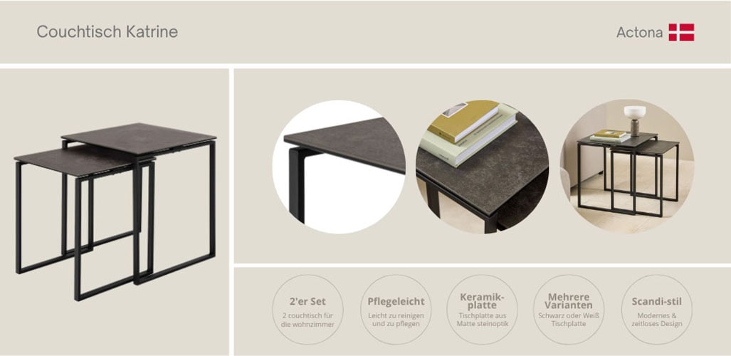 ACTONA GROUP Couchtisch »Katrine, 2er-Set, Kaffetisch, Keramik-Tischplatte, modern, Scandi« Set, Set aus 2 Couchtischen, 2 Stk. tlg. Quadratisch, robustes schwarzes Stahlgestell, B: 50 x T: 50 cm