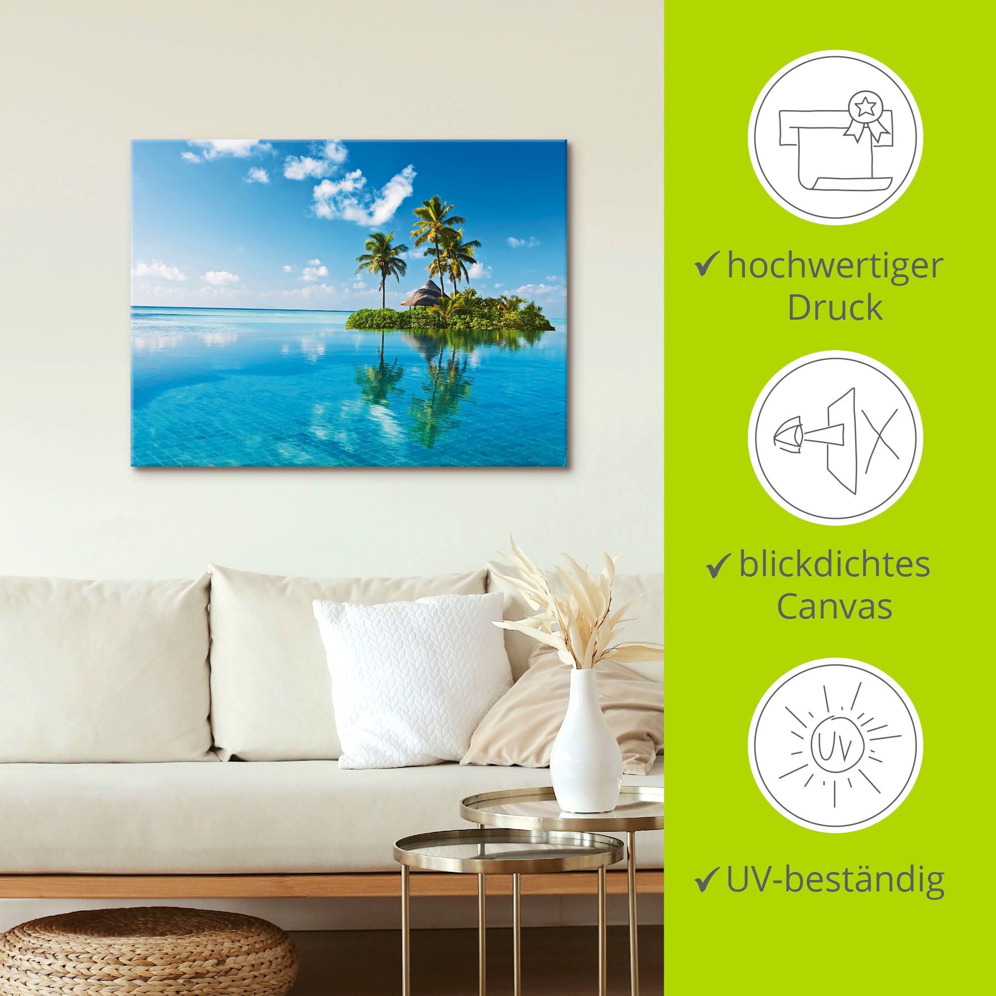 Artland Tableau sur toile »Tropisches Paradies - Insel Palmen Meer« Amérique 1 cuis tlg. tendu sur cadre en bois