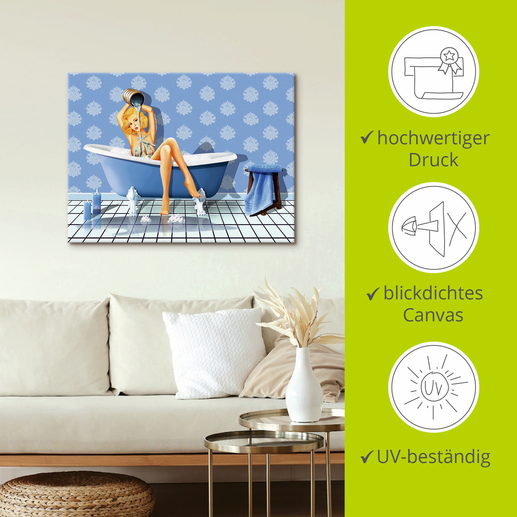 Artland Wandbild »Das sexy blaue Badezimmer«, Frau, (1 St.), als Leinwandbild, Poster, Wandaufkleber in verschied. Grössen