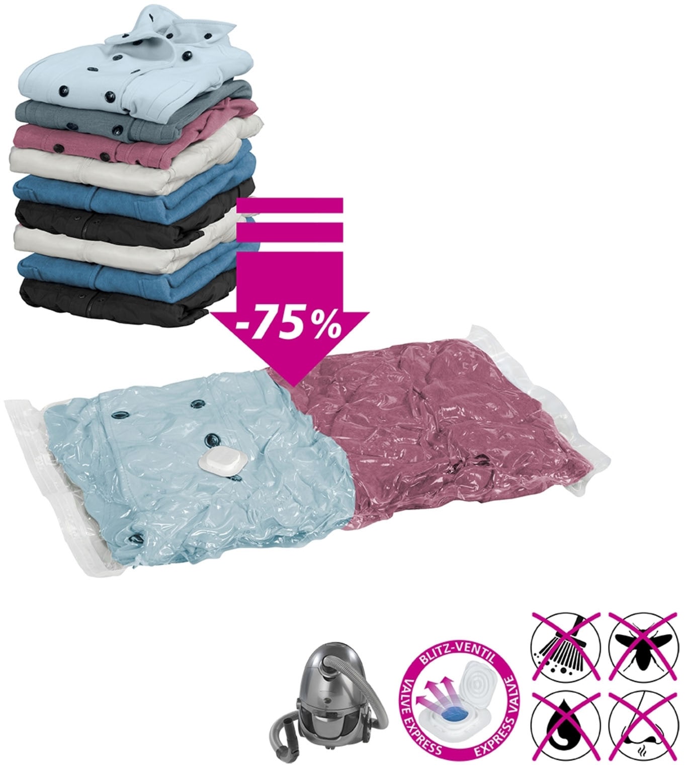 WENKO Vakuumierbeutel »Reise-Set«, (Set, 6 tlg.), Vakuumbeutel für Kleidung zur platzsparenden Aufbewahrung, 2 Grössen