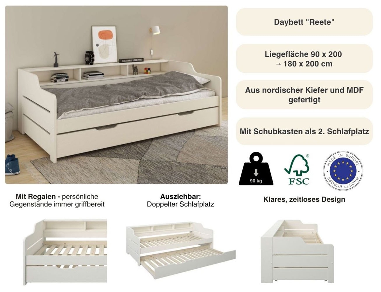 GOODproduct Daybett »"REETE1", Stauraum, Funktionsbett, Kinderbett, inklusive Schubkasten« 90x200cm, 2 Schlafplätze,  mit Regalen, FSC® zertifiziertes Massivholz (Kiefer), Landhausstil