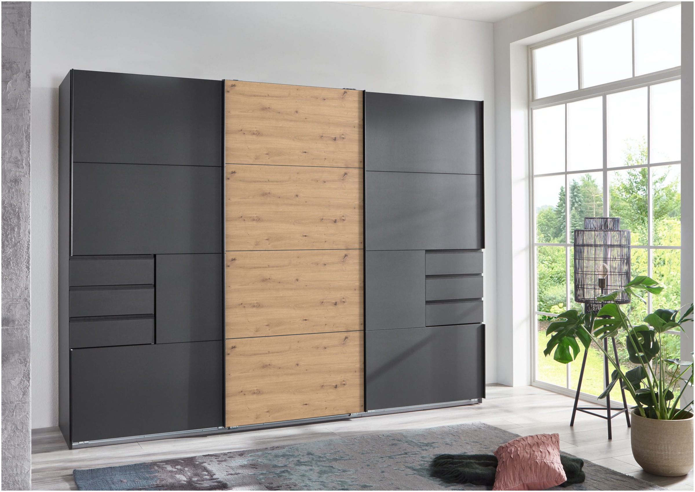 Wimex Schwebetürenschrank "Saigon, mit kompletter Innenausstattung, Made in Germany" Kleiderschrank 3-türig, 270cm breit, mit 6 praktischen Außenschubladen