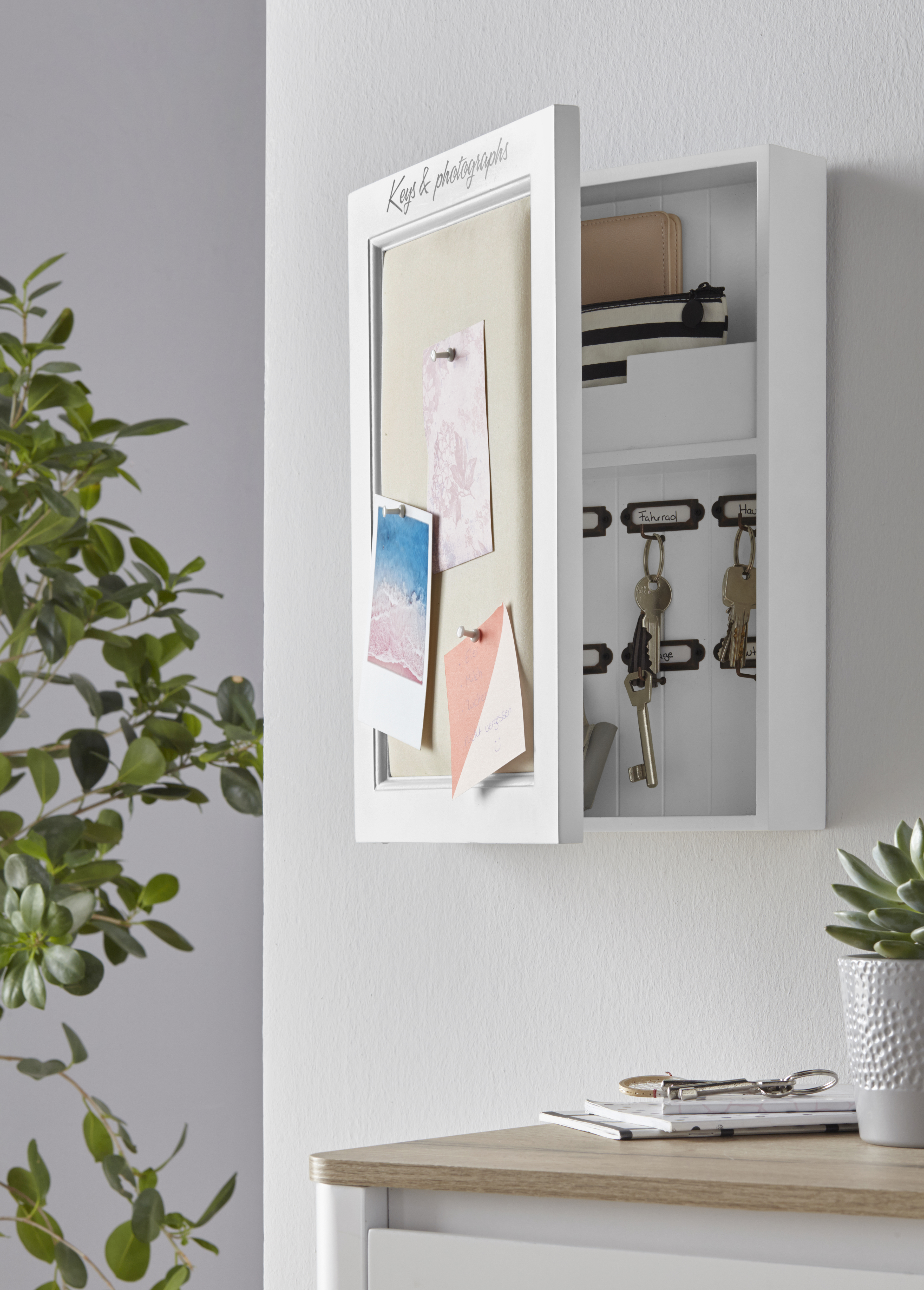 Schlüsselkasten, mit Leinenkissen zum Anpinnen von Fotos und Notizen