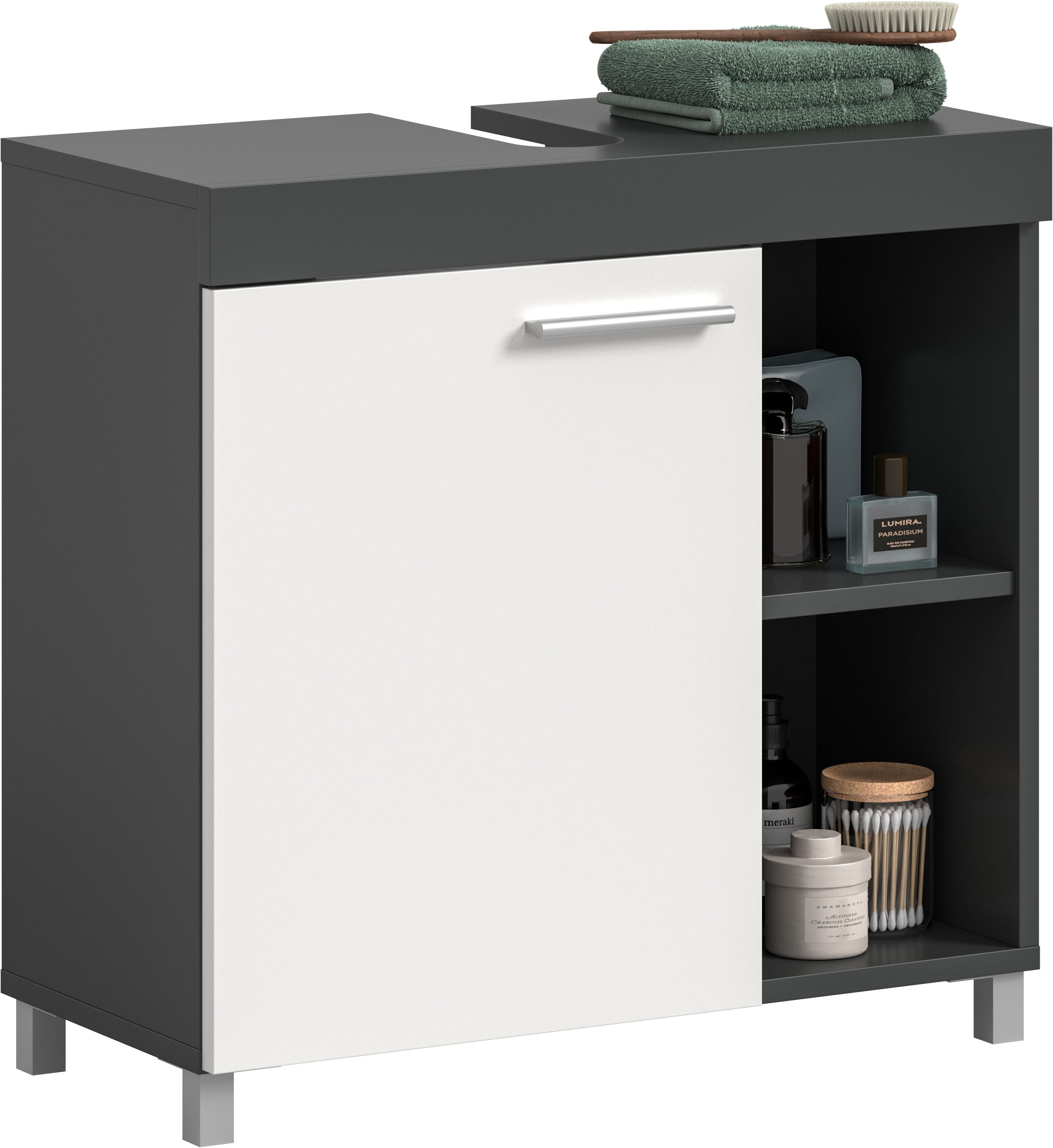 Image of welltime Waschbeckenunterschrank "HANO, Badezimmer, WBU, Waschtisch, Kommode, Unterschrank" in 2 verschiedenen Farben und 2 verschiedenen Ausstattungen erhältlich, 1 Tür, 2 höhenverstellbare E-Böden, 4 Fächer, mit Siphonausschnitt