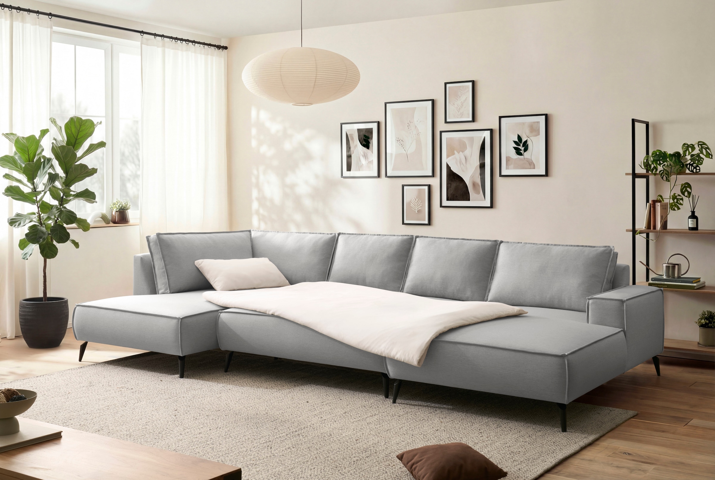 GOODproduct Wohnlandschaft »TVINNU Leinenoptik, 354 cm« Recamiere rechts/links, schwarze Metallfüsse, bequeme Sitz-/Liegefläche