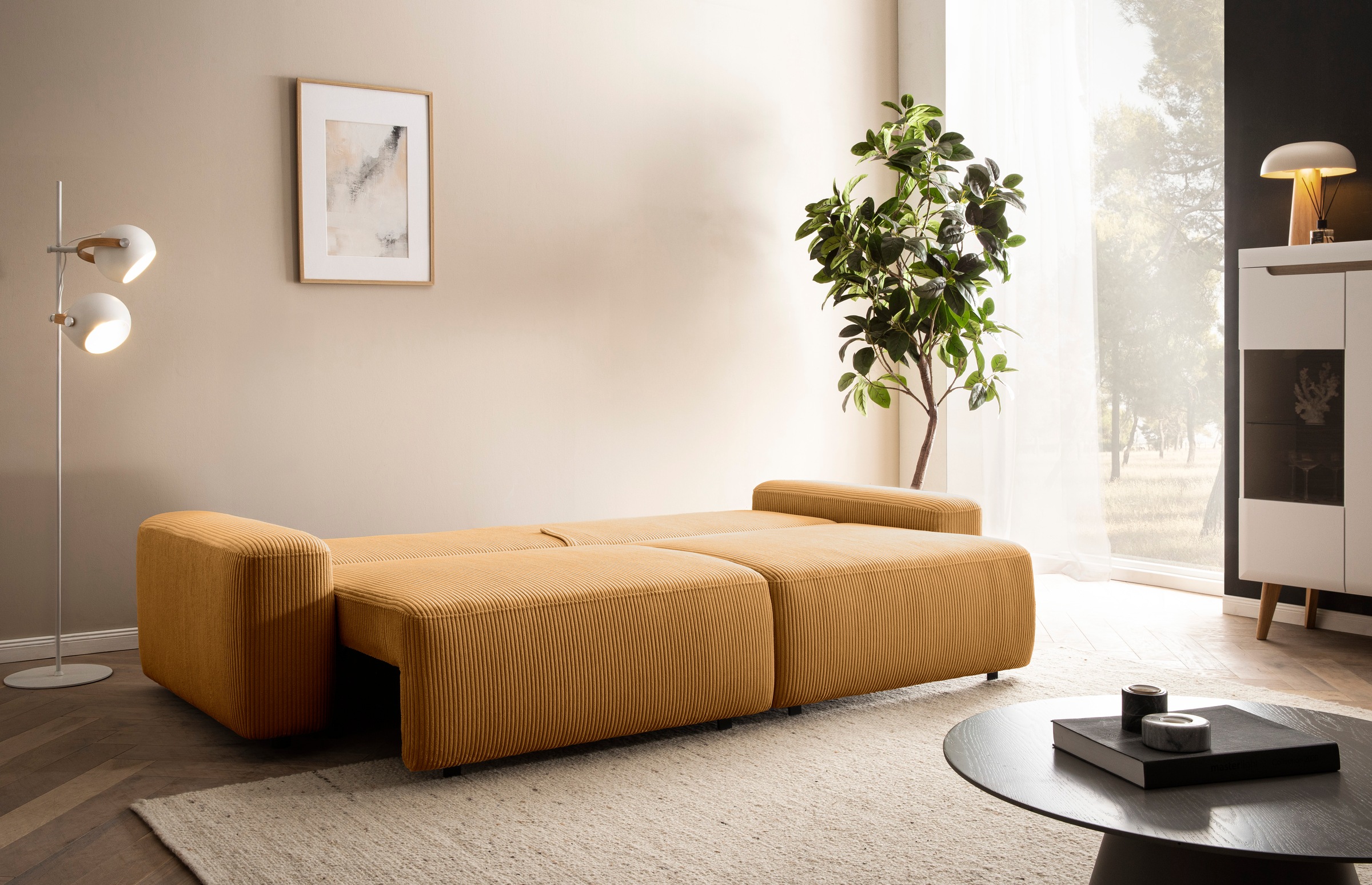 INOSIGN 3-Sitzer »TORGE (257cm), Sofa,Schlafsofa in Cord, Samtvelours, Struktur fein«, rundes Design, Schlaffunktion u. Bettkasten, Liegefläche: 135/200 cm