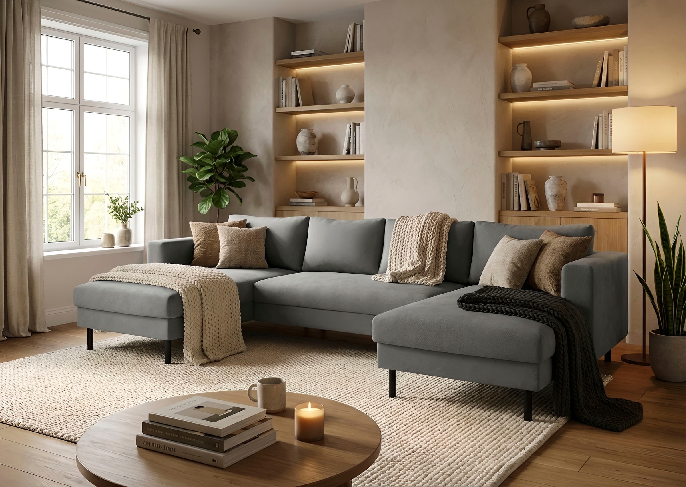 TRENDMANUFAKTUR Paysage de salon »Amazing II, wahlw. mit Schlaffunktion & Bettkasten, Fuss schwarz« Sofa in U-Form, in Cord, Struktur LEO o. Struktur LINO, Breite 305 cm