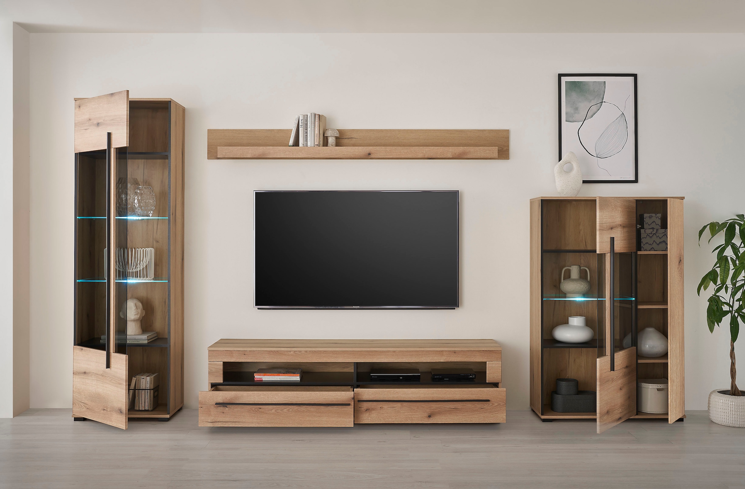 INOSIGN Wohnwand »Cantara, moderne Anbauwand, Wohnzimmer-Set, in Eiche Evoke oder Weiss«, (Set, 4 St.), enthält zwei Vitrinen, ein Lowboard und ein Wandboard