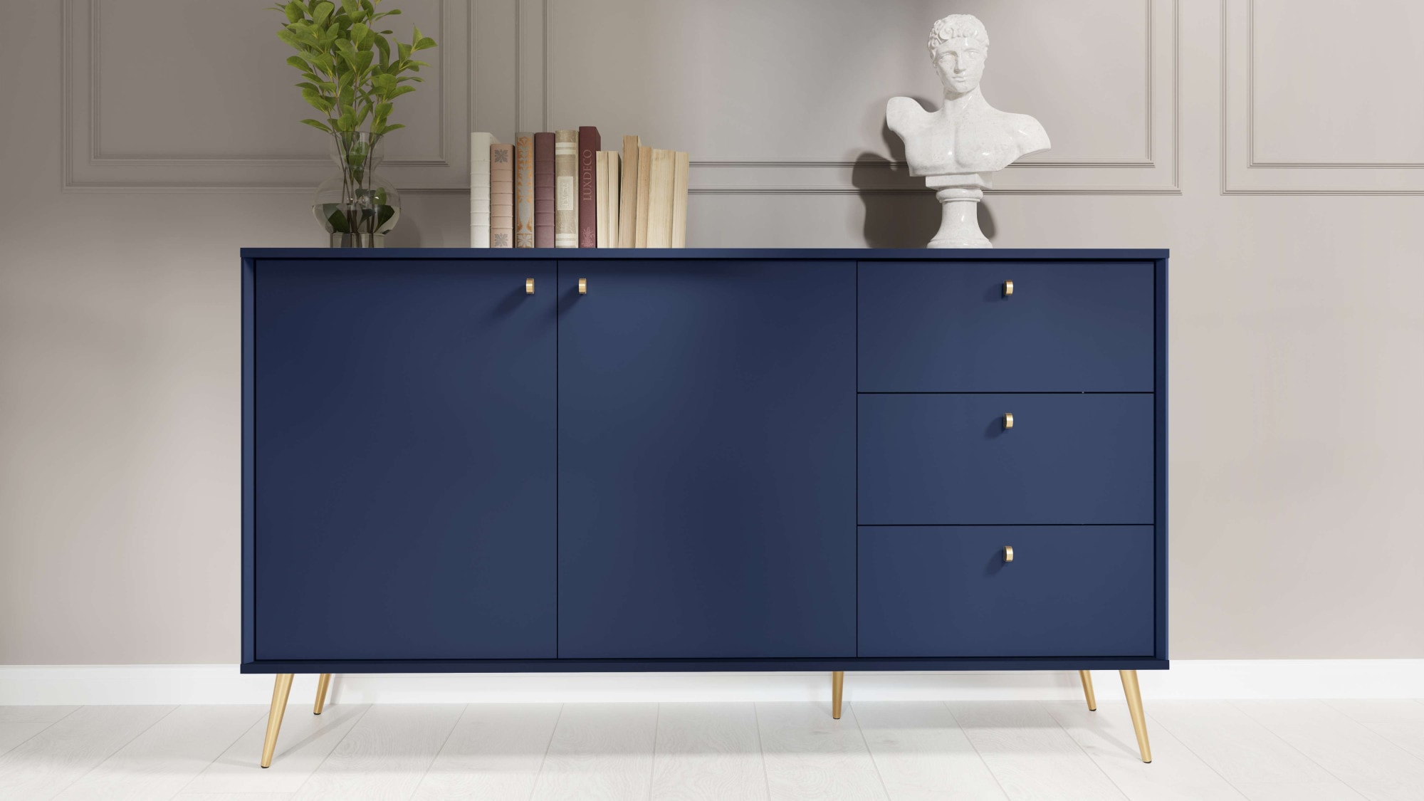Image of Home affaire Kommode "ROMILDA Sideboard mit 3 Schubladen und 2 Türen, B/T/H: 156/40,5/89 cm" Kommode mit goldenen Griffen auf goldenen Füssen, viel Stauraum