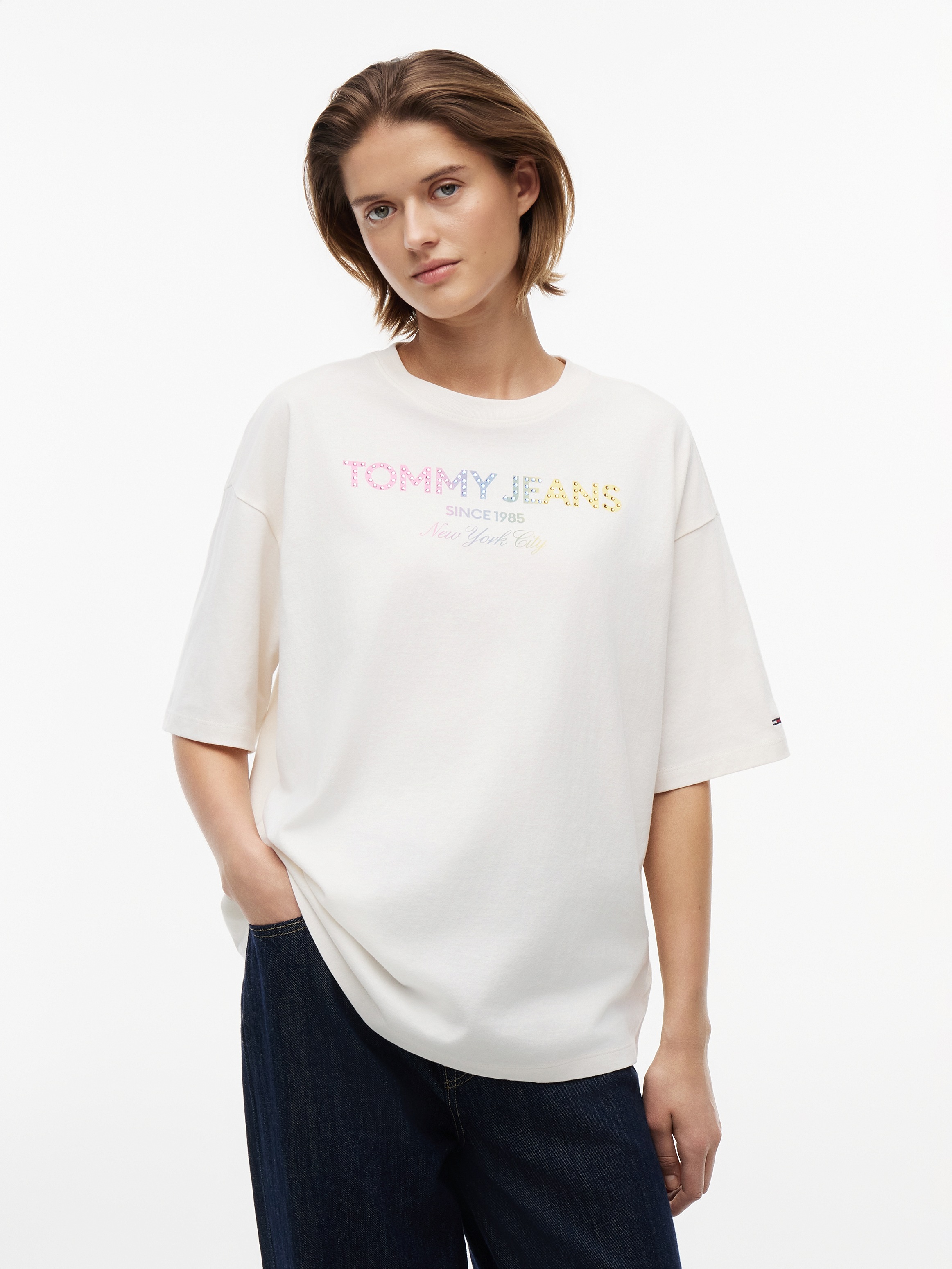 Image of Tommy Jeans T-Shirt "TJW OVS TJ BLING GMD TEE" Baumwolle, Glitzerdetails, Logodruck