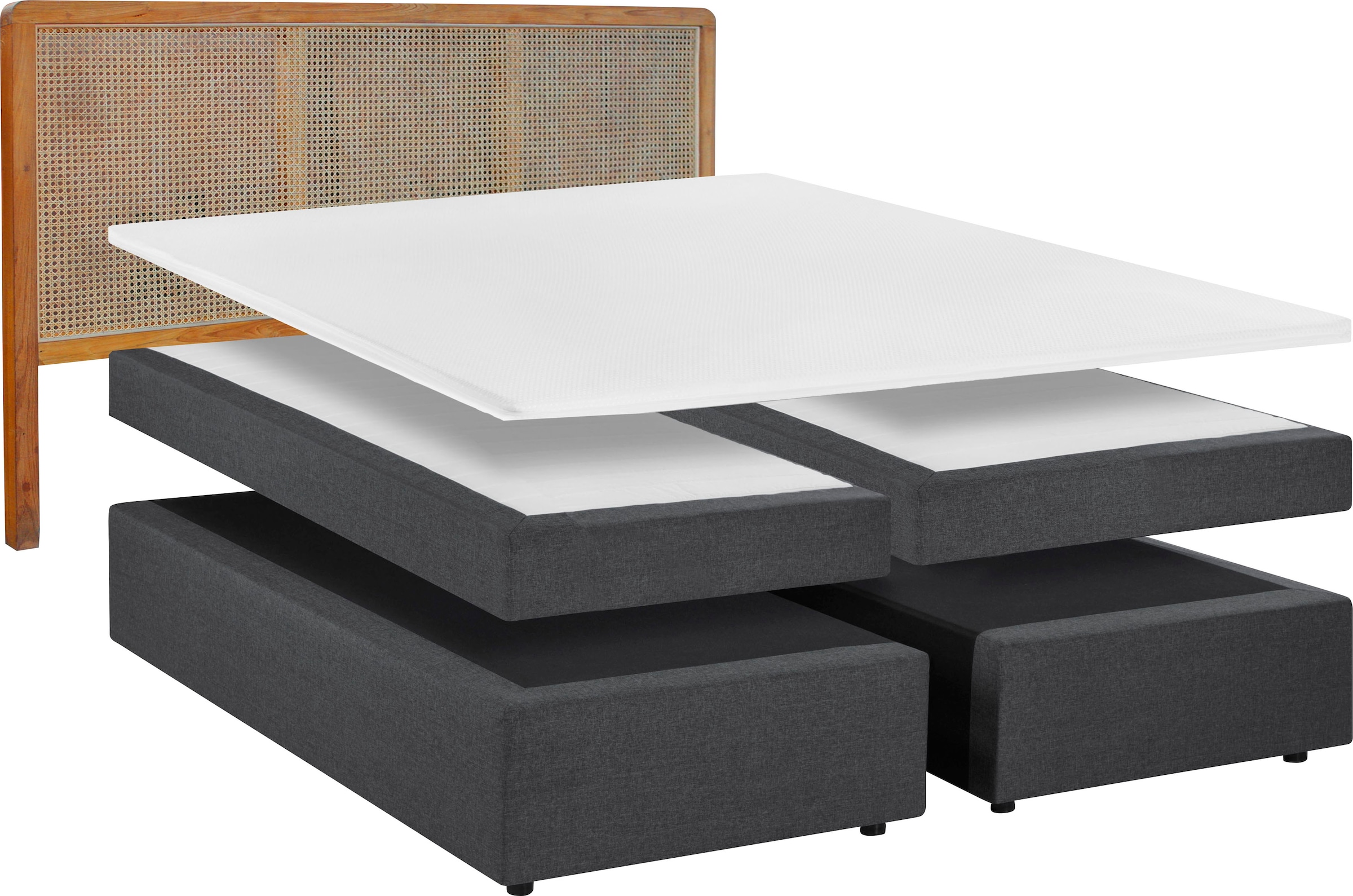 SIT Boxspringbett »180x200 cm mit Teak-Rattan-Kopfteil und Topper« Kopfteil aus Teakholz mit handgeflochtenem Rattan-Geflecht