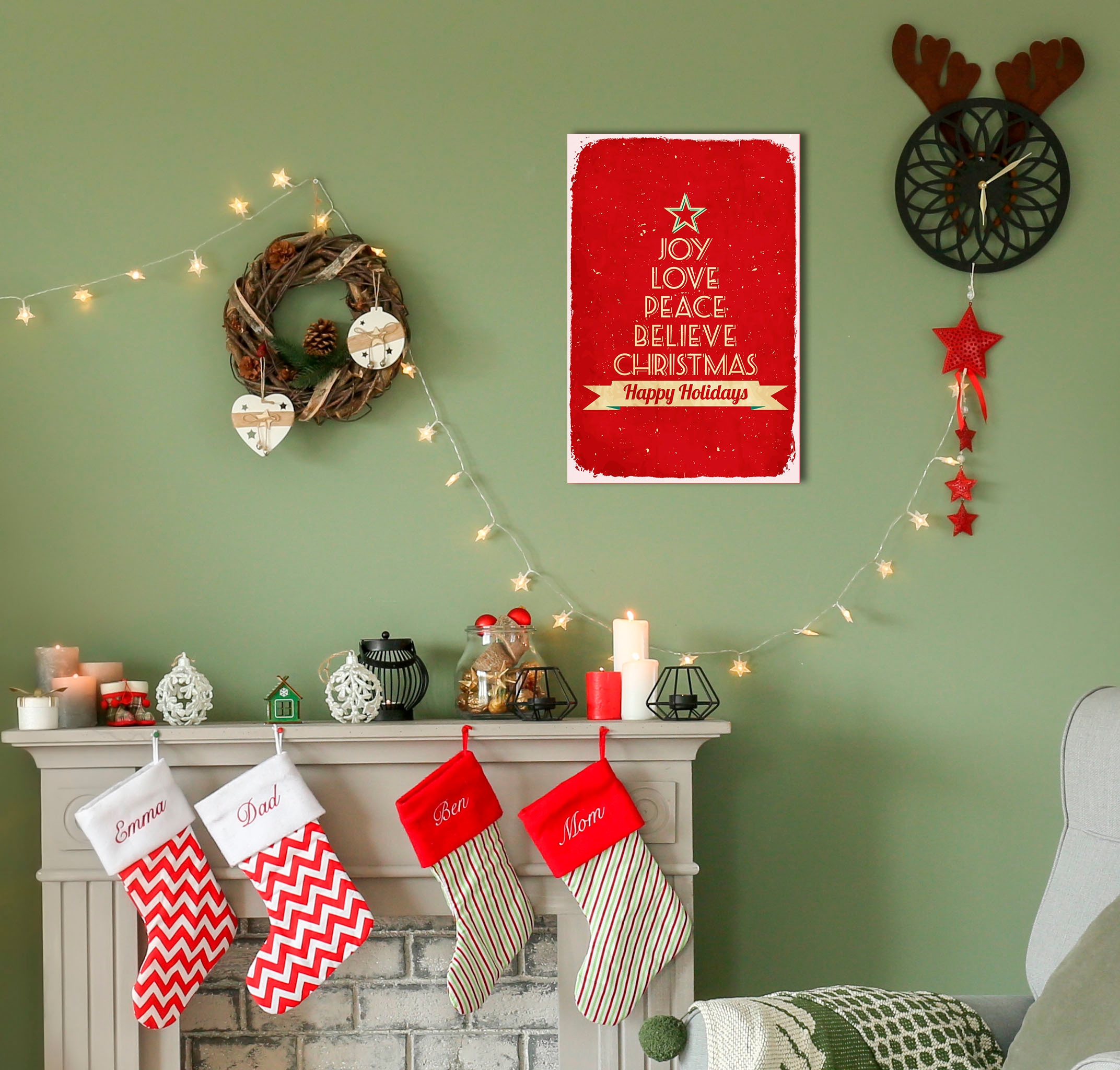 Image of queence Metallbild "Joy, Love, Peace" Schriftzug Schriftzüge Weihnachtsbaum 1 Stk. tlg. Stahlschilder
